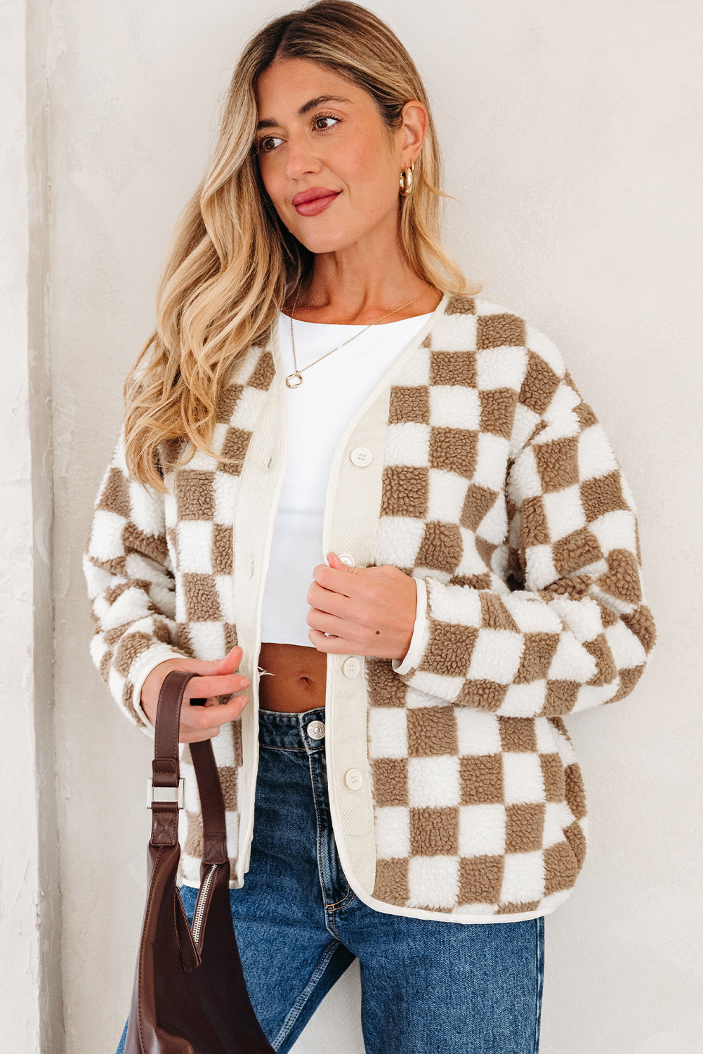 Brown Checkered Sherpa Buttoned Front Chunky Jacket-Outerwear/Jackets-[Adult]-[Female]-2022 Online Blue Zone Planet
