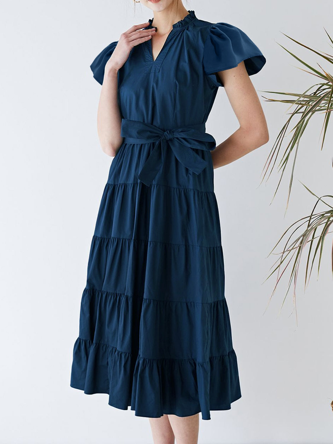 Ruched Tiered Notched Short Sleeve Dress-TOPS / DRESSES-[Adult]-[Female]-2022 Online Blue Zone Planet