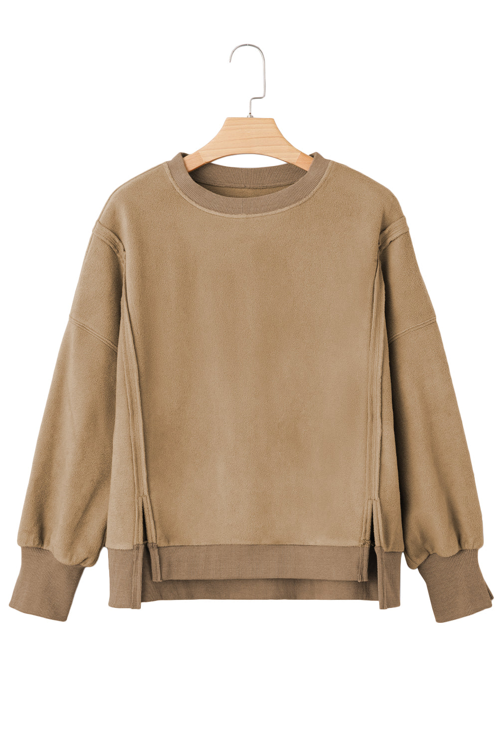 Dark Khaki Fuzzy Sherpa Splicing Pullover Sweatshirt With Side Slit-Tops/Sweatshirts & Hoodies-[Adult]-[Female]-2022 Online Blue Zone Planet