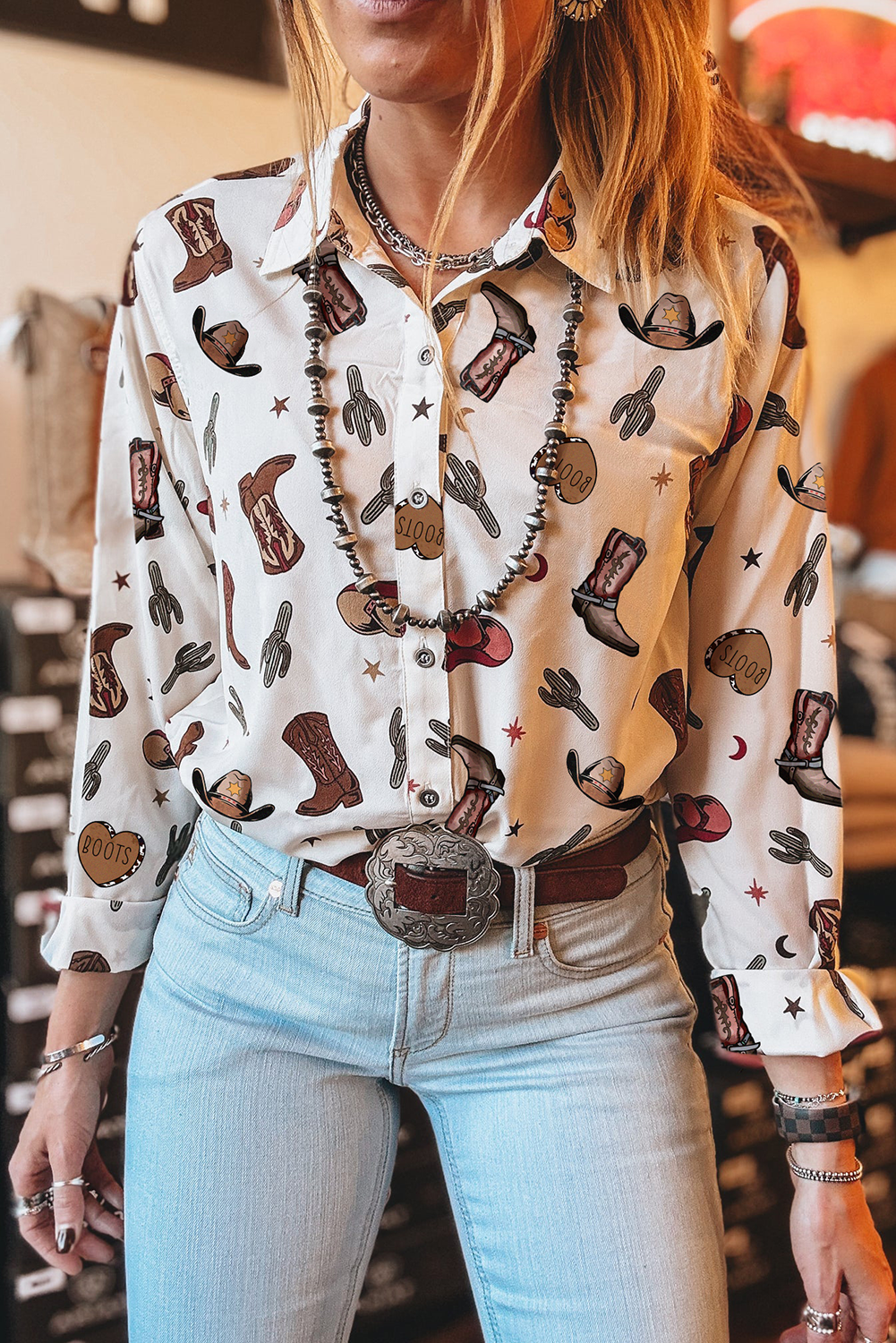 White Western Fashion Print Button Up Casual Shirt-Tops/Blouses & Shirts-[Adult]-[Female]-White-S-2022 Online Blue Zone Planet