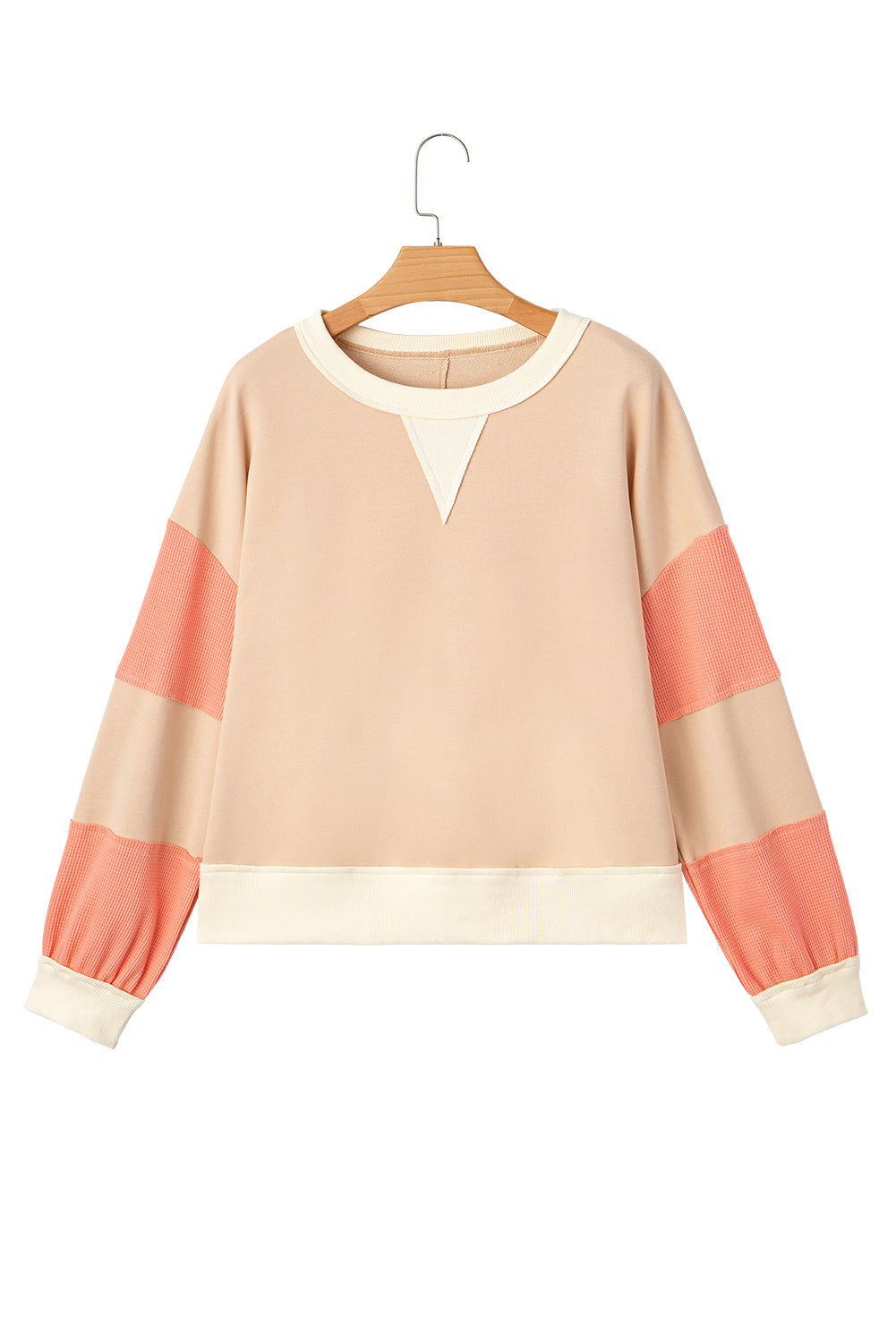 Light French Beige Color Block Textured Patchwork Pullover Sweatshirt-Tops/Sweatshirts & Hoodies-[Adult]-[Female]-2022 Online Blue Zone Planet