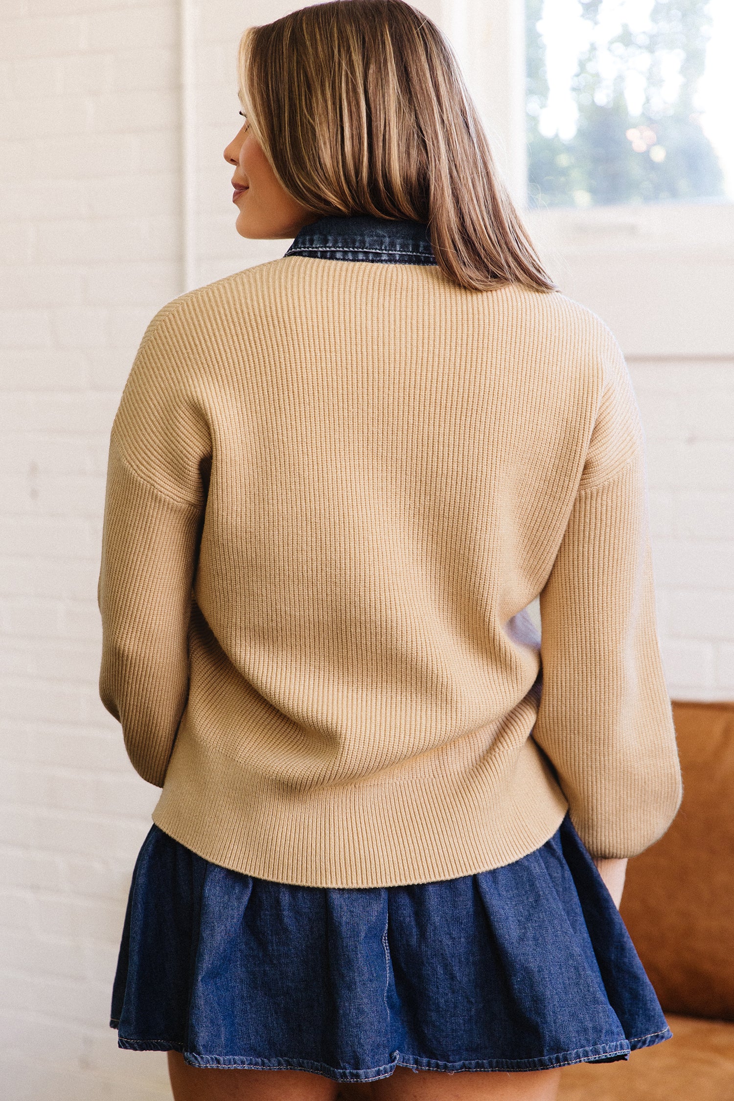 Parchment Drop Shoulder Placket Paneling Shirt Collar Long Sleeve Cardigan-Sweaters & Cardigans/Cardigans-[Adult]-[Female]-2022 Online Blue Zone Planet