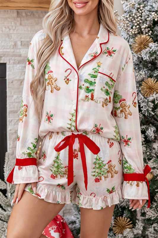 Pink Abstract Christmas Print Long Sleeve Two Piece Shift Lounge Set-Loungewear & Sleepwear/Loungewear-[Adult]-[Female]-Pink-S-2022 Online Blue Zone Planet