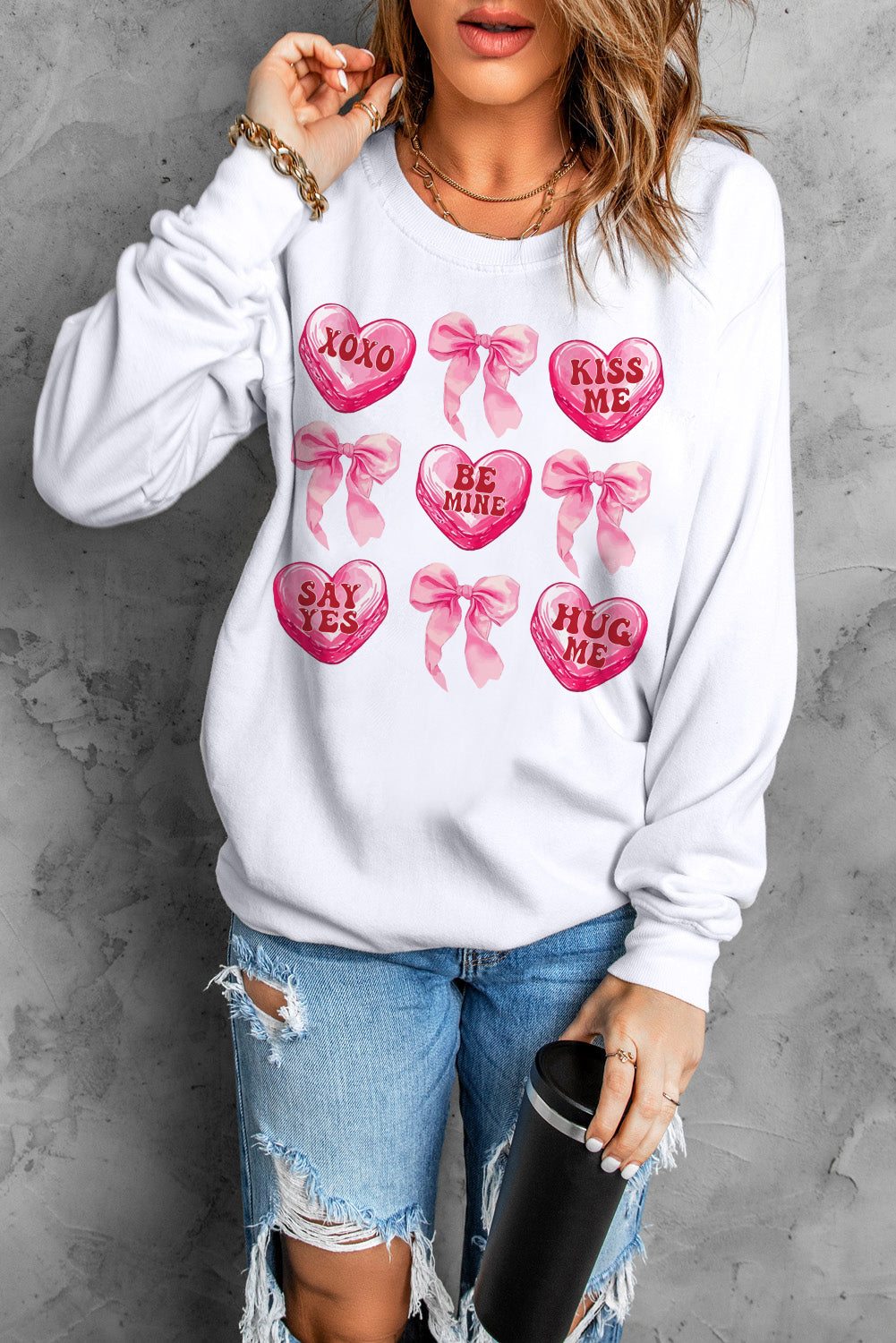 White Valentine Candy Heart & Bow Graphic Sweatshirt-Graphic Sweatshirts-[Adult]-[Female]-2022 Online Blue Zone Planet