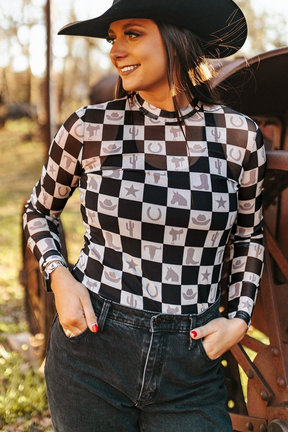 Black Checkerboard Mesh Slim Fit Long Sleeve Top-Long Sleeve Tops-[Adult]-[Female]-2022 Online Blue Zone Planet