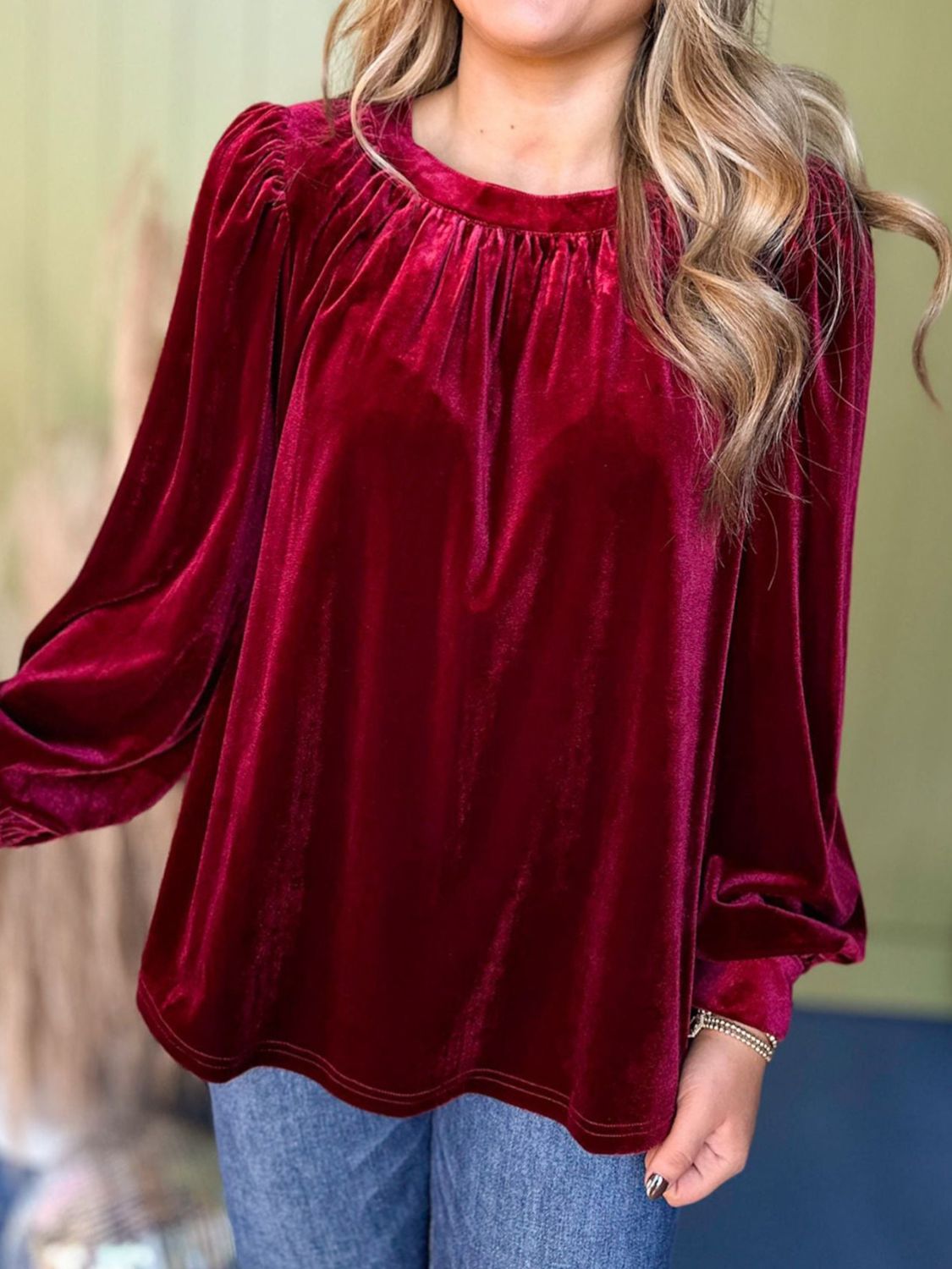 Ruched Round Neck Long Sleeve Blouse-TOPS / DRESSES-[Adult]-[Female]-Burgundy-S-2022 Online Blue Zone Planet