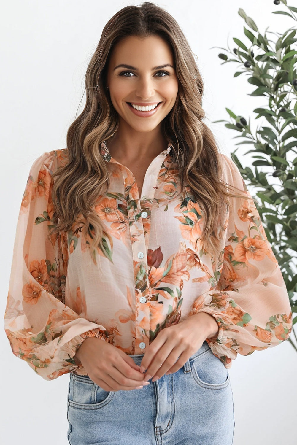 Orange Floral Puff Sleeve Lightweight Shirt-Tops/Blouses & Shirts-[Adult]-[Female]-2022 Online Blue Zone Planet