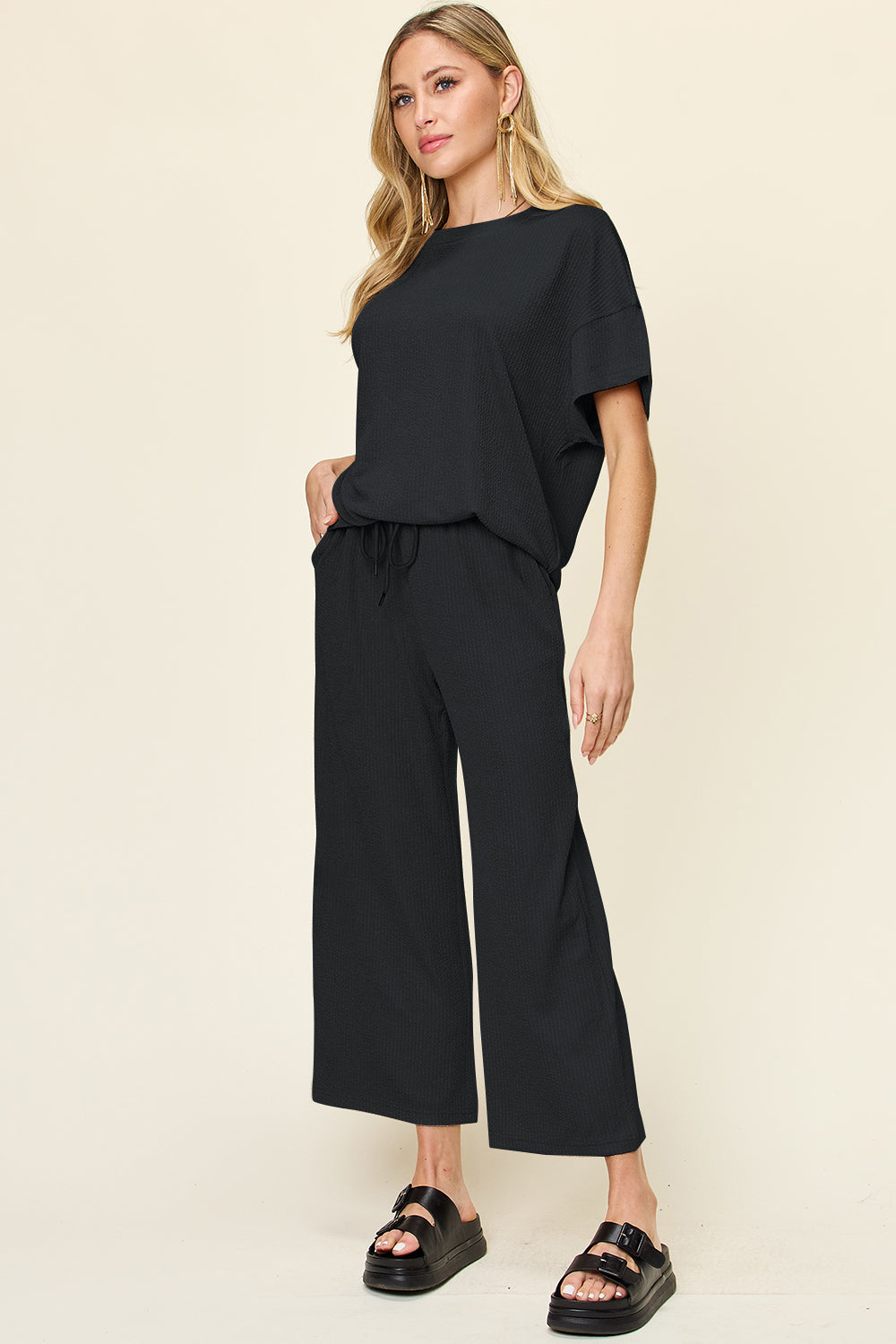 Blue Zone Planet | Double Take Full Size Texture Round Neck Short Sleeve T-Shirt and Wide Leg Pants-TOPS / DRESSES-[Adult]-[Female]-2022 Online Blue Zone Planet