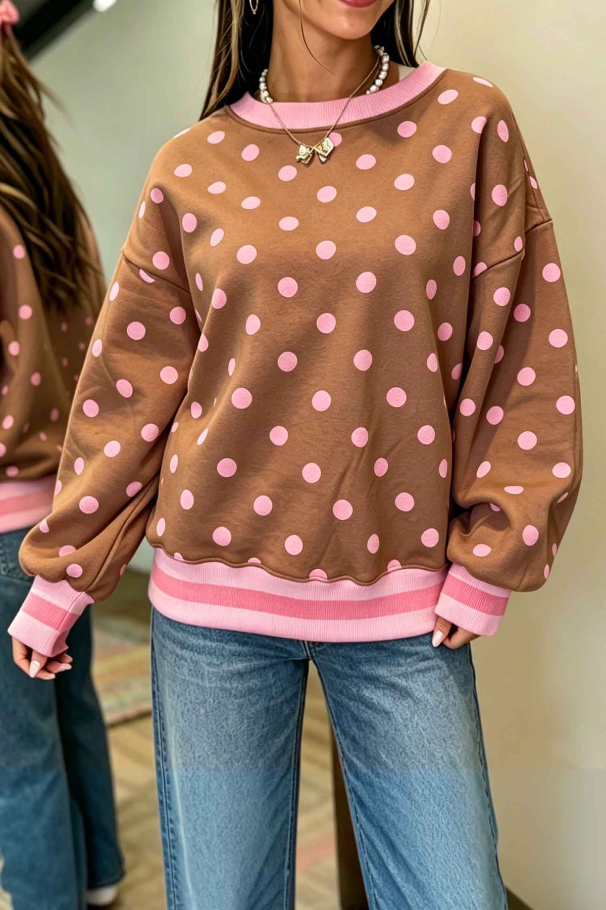 Brown Polka Dot Colorblock Round Neck Pullover Sweatshirt