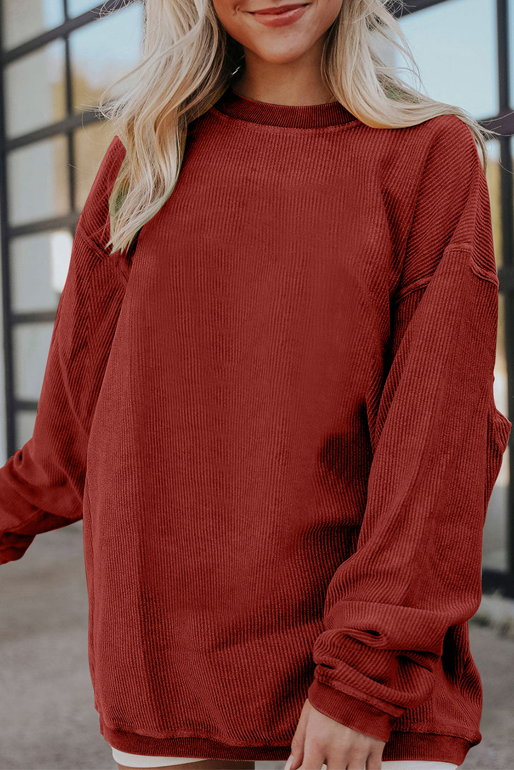 Chestnut Ribbed Corduroy Oversized Sweatshirt-Tops/Sweatshirts & Hoodies-[Adult]-[Female]-Racing Red-S-2022 Online Blue Zone Planet