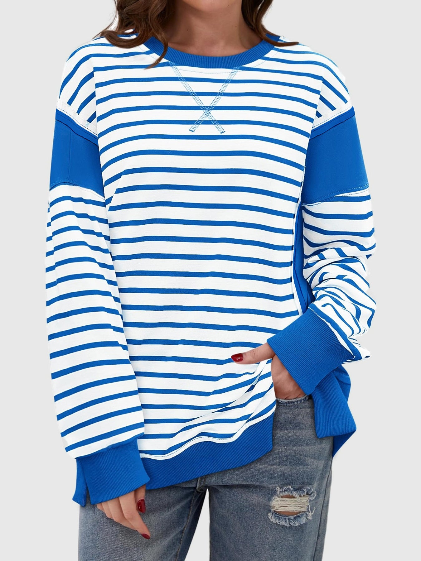 Slit Exposed Seam Striped Long Sleeve Sweatshirt-TOPS / DRESSES-[Adult]-[Female]-2022 Online Blue Zone Planet