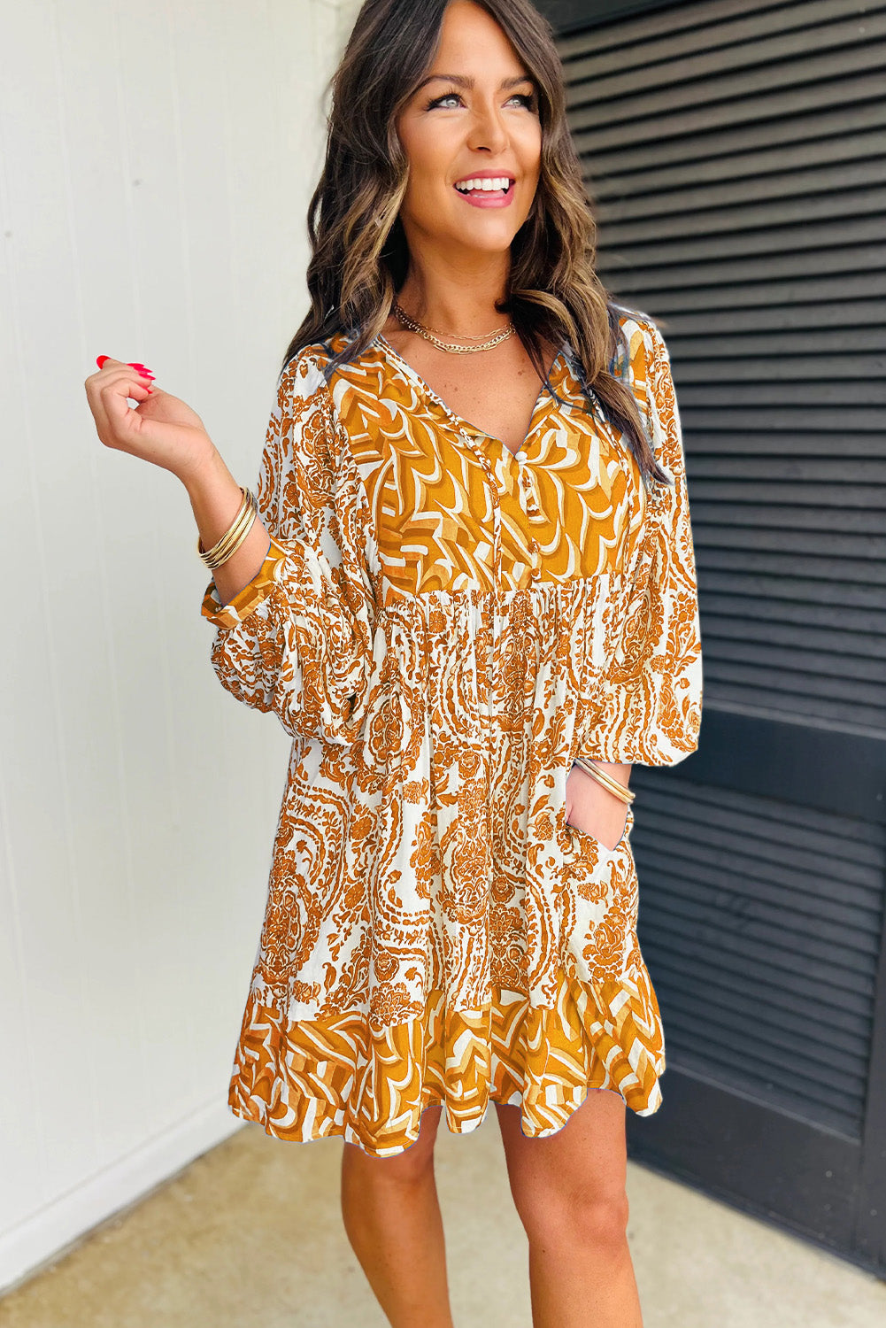 Orange Bohemian Print Puff Sleeve Tied V Neck Flared Mini Dress-Dresses/Mini Dresses-[Adult]-[Female]-2022 Online Blue Zone Planet