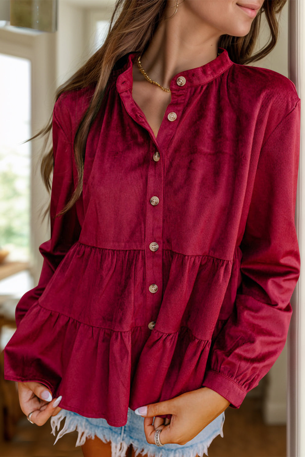Peplum Round Neck Long Sleeve Shirt-TOPS / DRESSES-[Adult]-[Female]-Burgundy-S-2022 Online Blue Zone Planet