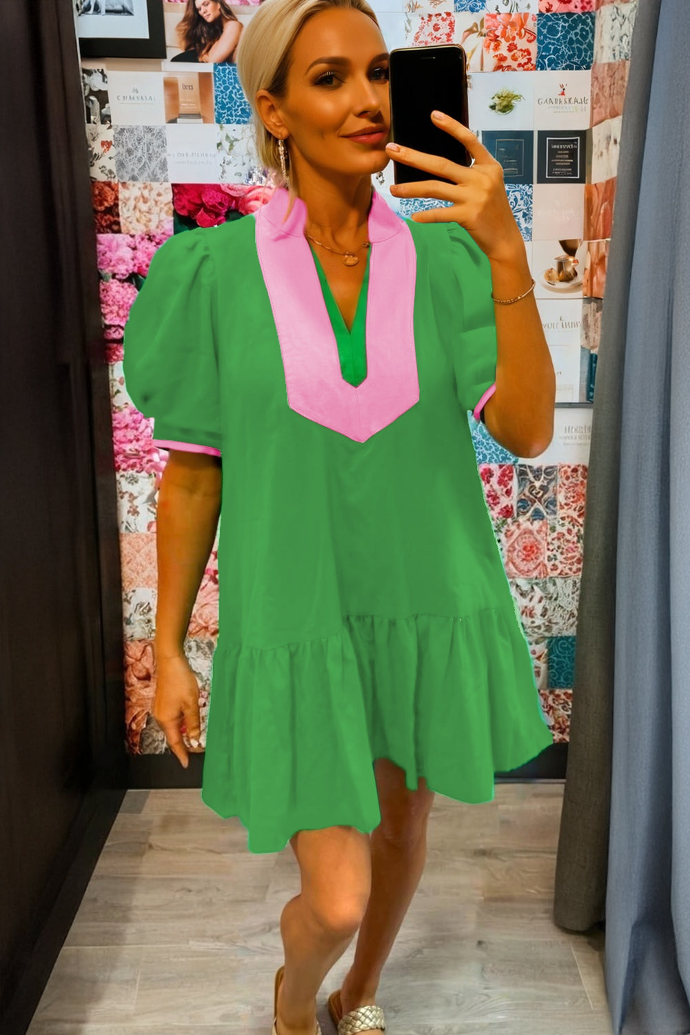 Bright Green Color Block Detail Split Neck Short Puff Sleeve Ruffle Hem Mini Dress-TOPS / DRESSES-[Adult]-[Female]-2022 Online Blue Zone Planet
