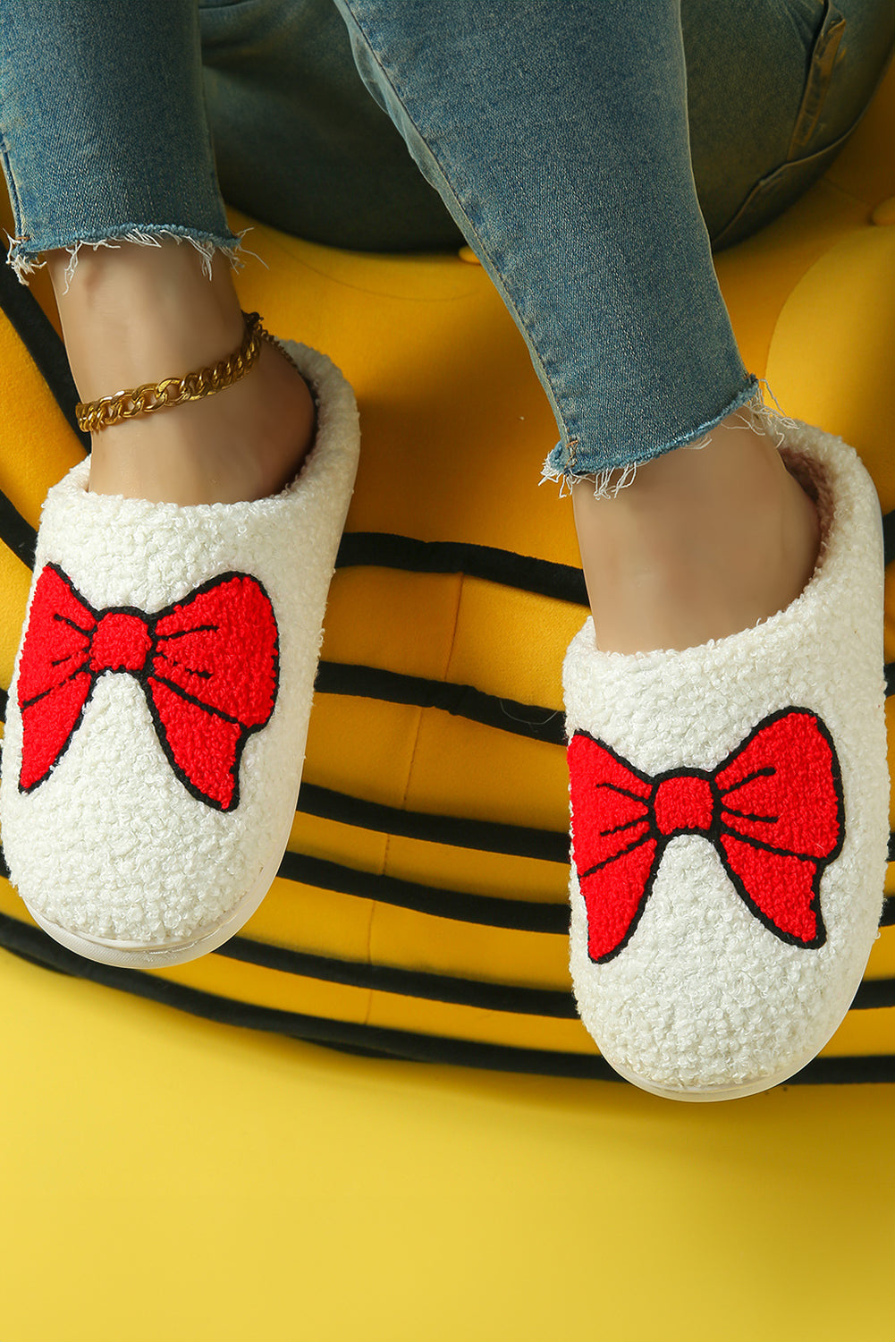 White Sweet Bow Knot Plush Warm Slippers-Slides Shoes + Flip Flops-[Adult]-[Female]-2022 Online Blue Zone Planet