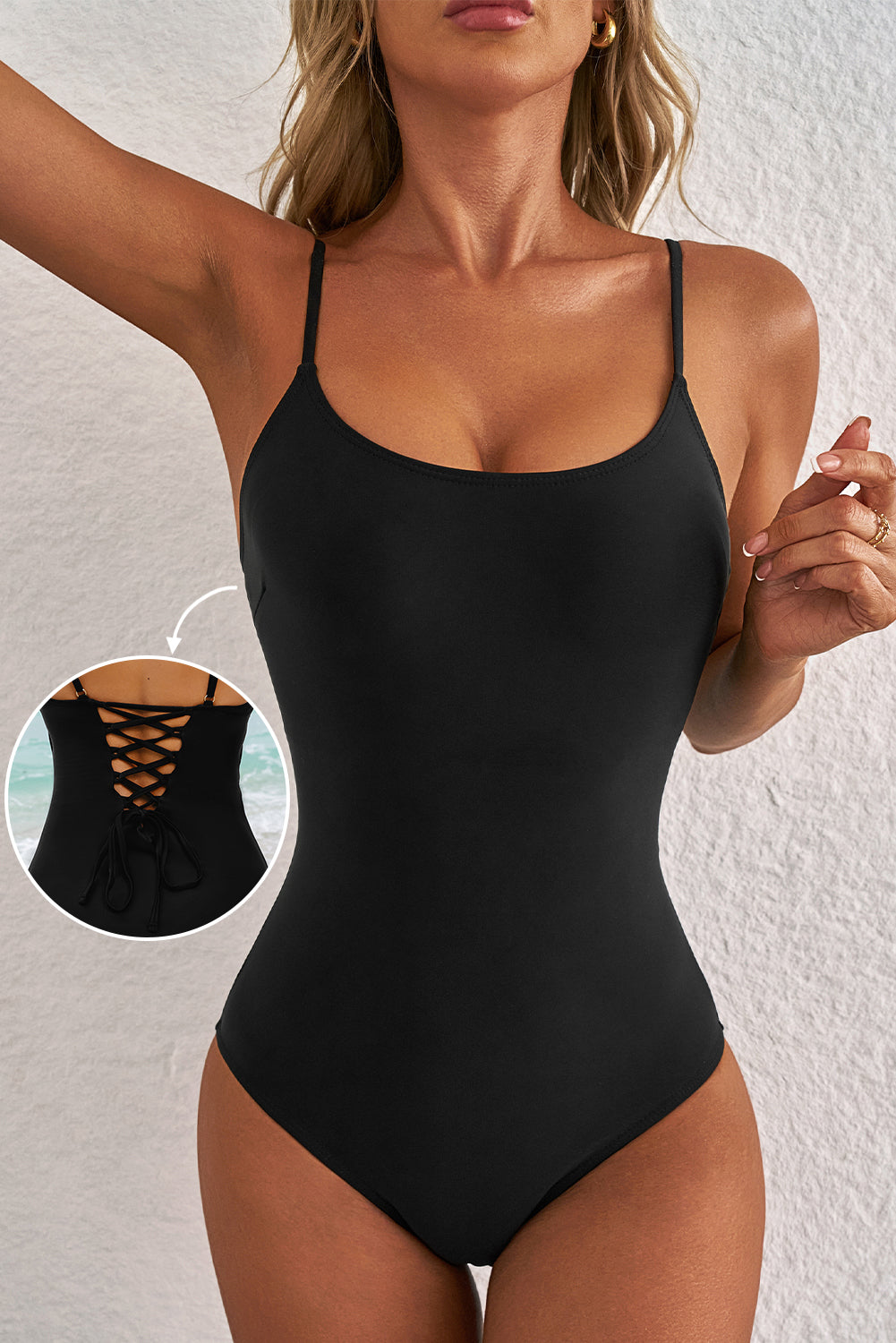 Black Thin Strap Strappy Lace-Up Open Back One Piece Swimsuit-Swimwear/One Piece Swimsuit-[Adult]-[Female]-2022 Online Blue Zone Planet
