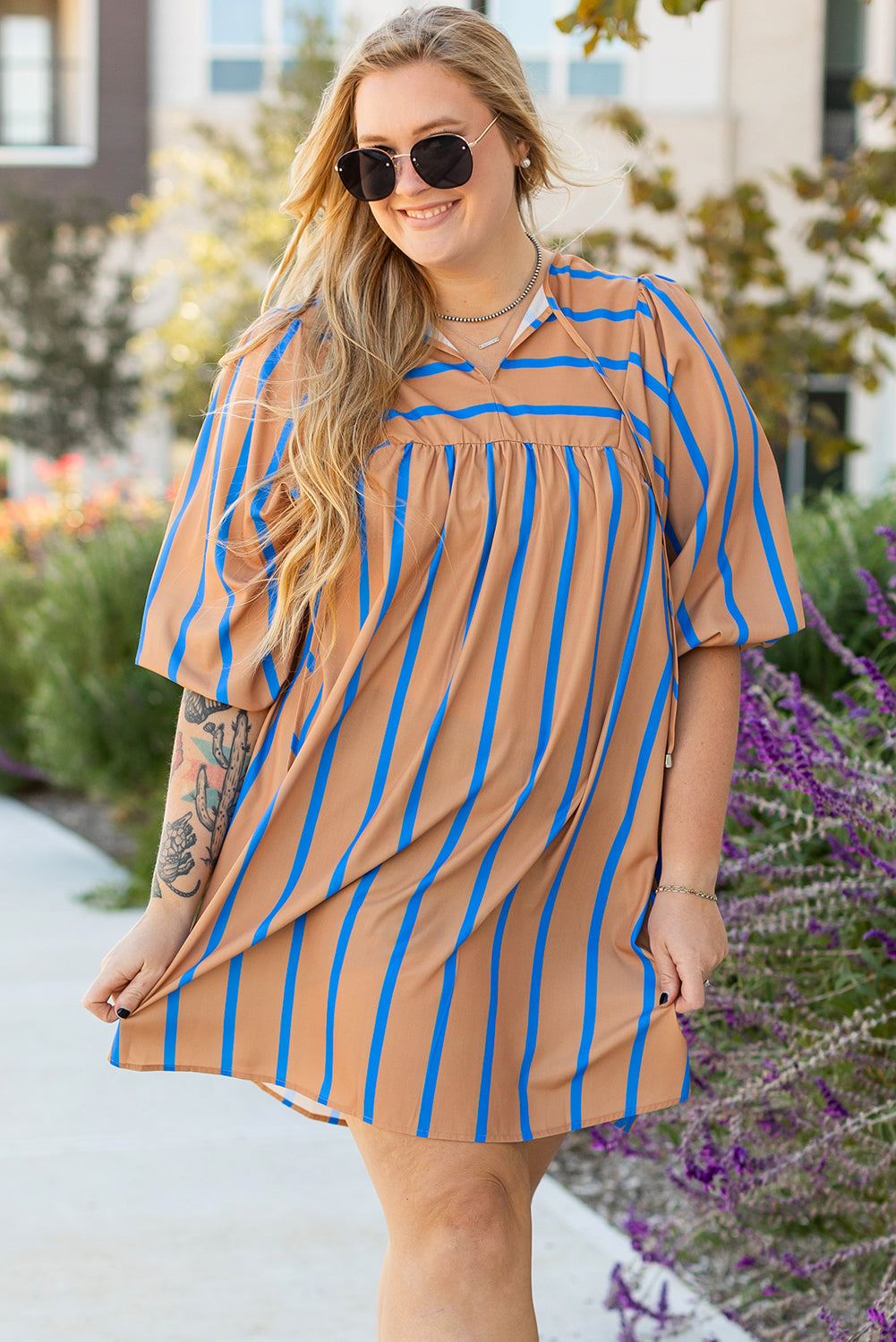 Blue Zone Planet | Khaki Stripe Contrast Striped Print 3/4 Sleeve Babydoll Plus Size Dress-TOPS / DRESSES-[Adult]-[Female]-Khaki Stripe-1X-2022 Online Blue Zone Planet