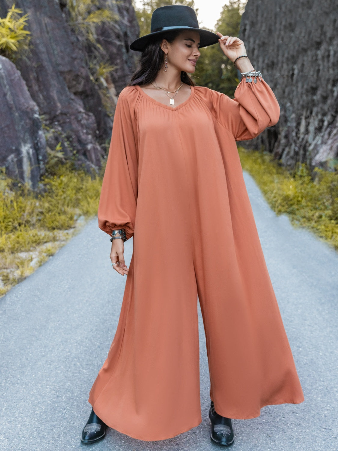 V-Neck Long Sleeve Wide Leg Jumpsuit-TOPS / DRESSES-[Adult]-[Female]-2022 Online Blue Zone Planet