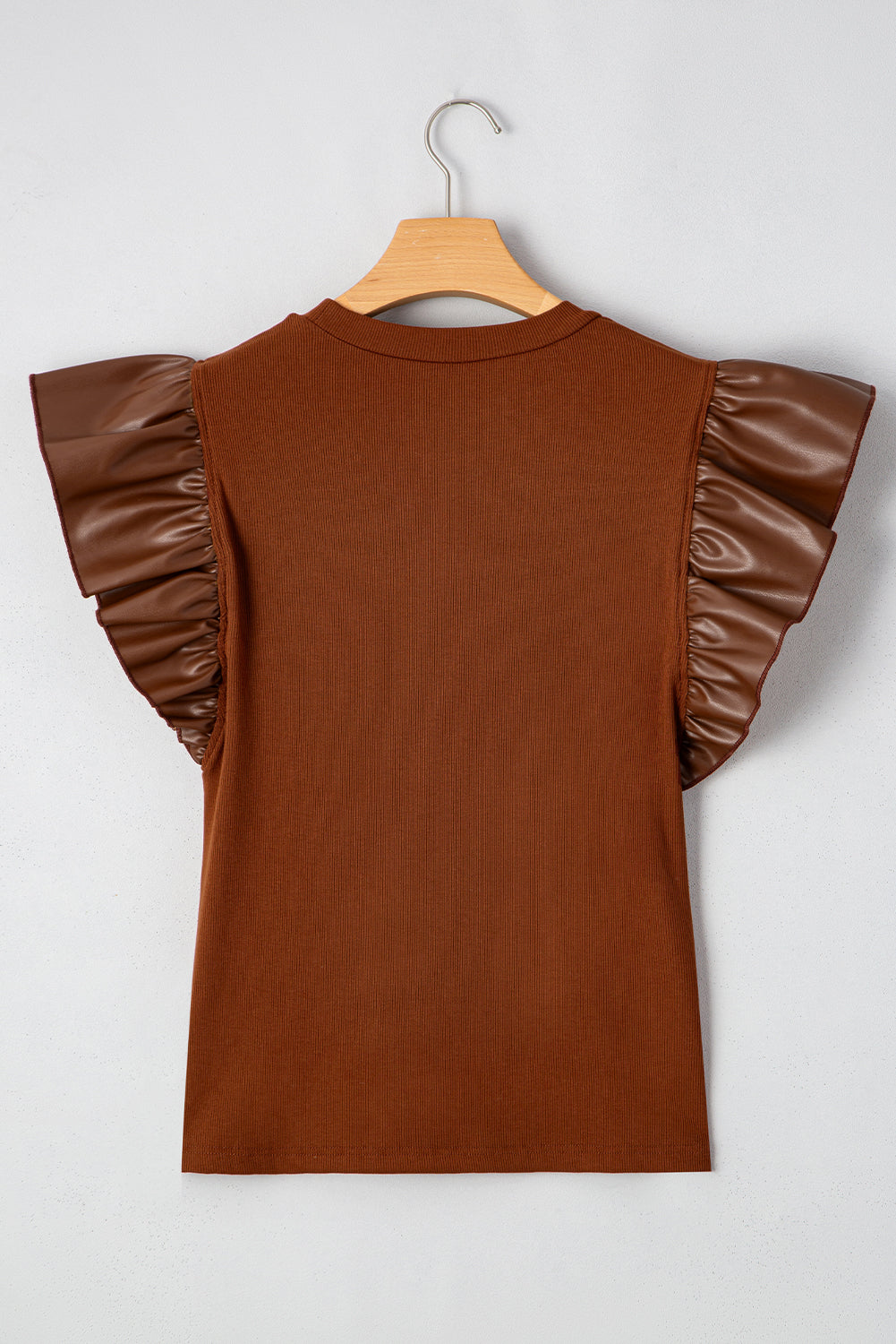 Cinnamon Leather Ruffle Sleeve Patchwork Round Neck Blouse-Tops/Blouses & Shirts-[Adult]-[Female]-2022 Online Blue Zone Planet