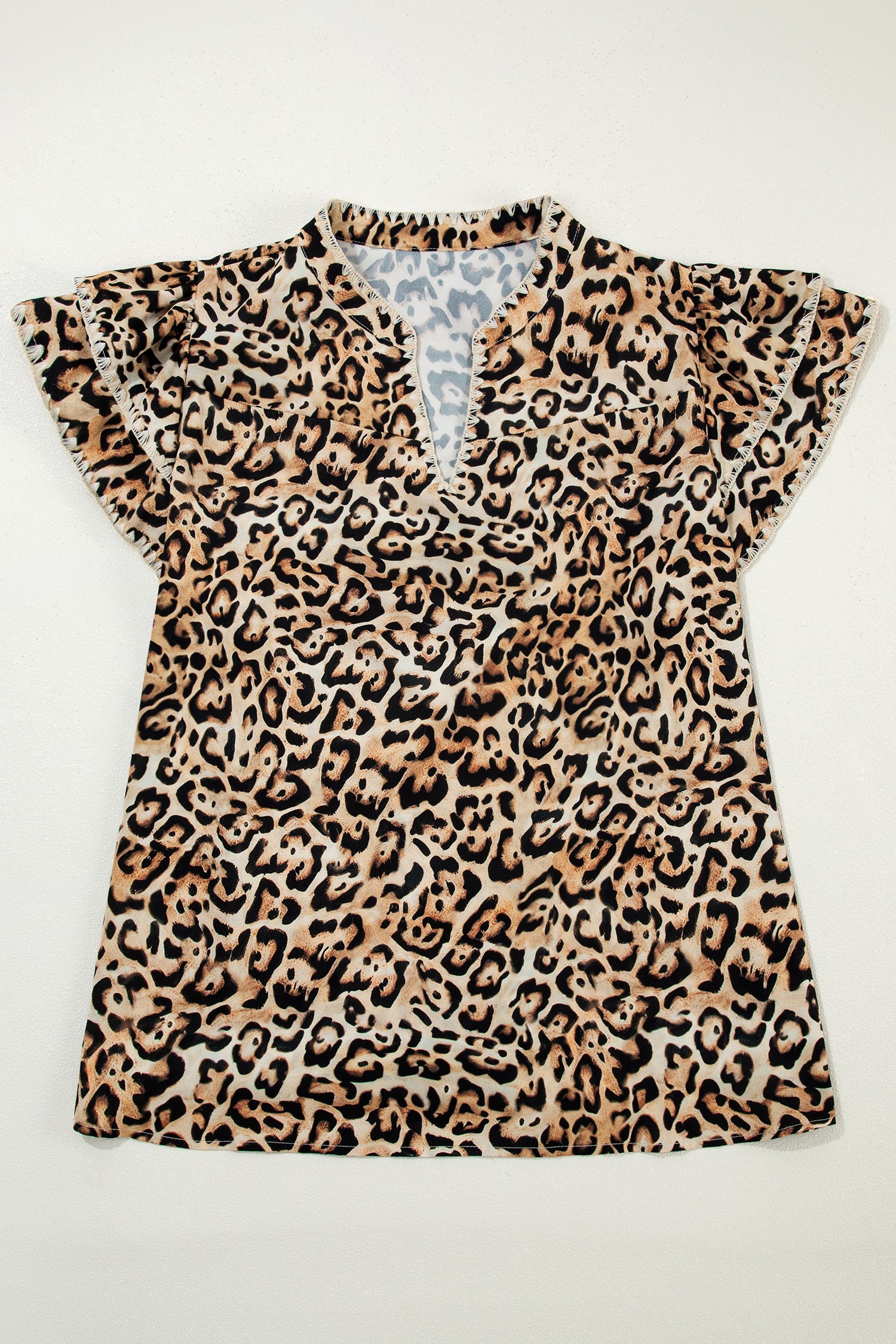 Khaki Plus Size Leopard Print Stitch Detail Ruffled Short Sleeve Blouse-Plus Size/Plus Size Tops/Plus Size Blouses & Shirts-[Adult]-[Female]-2022 Online Blue Zone Planet