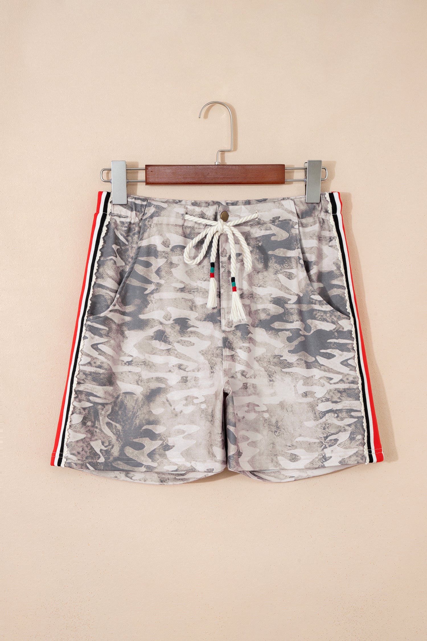 Khaki Varsity Striped Accent Camo Shorts-Bottoms/Casual Shorts-[Adult]-[Female]-2022 Online Blue Zone Planet
