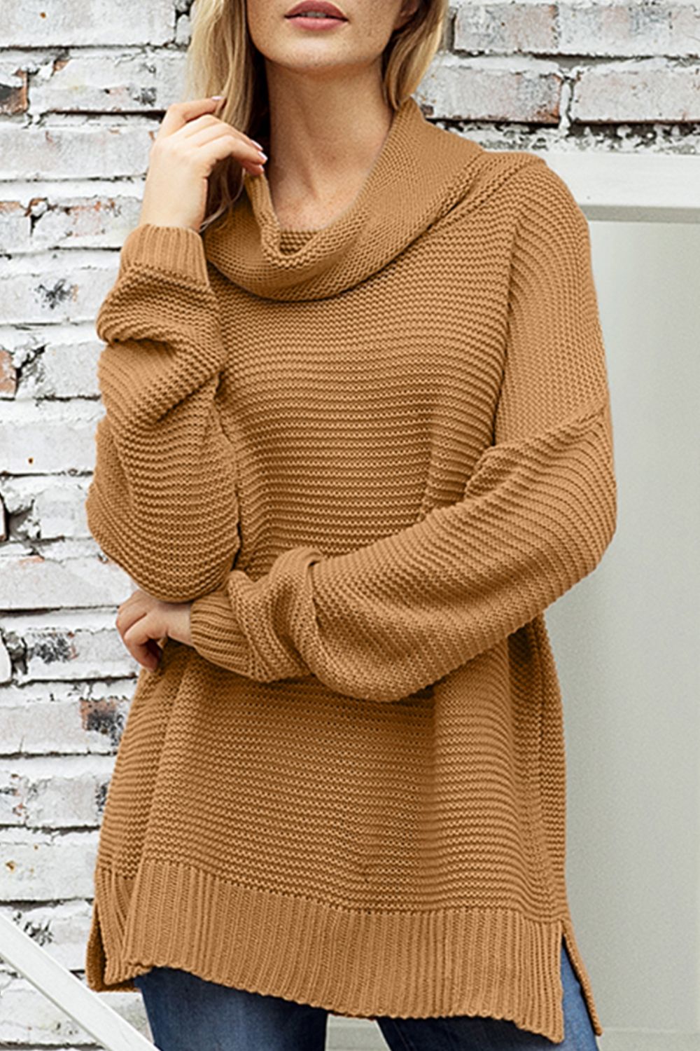 Blue Zone Planet | Side Slit Turtleneck Long Sleeve Sweater-TOPS / DRESSES-[Adult]-[Female]-Caramel-S-2022 Online Blue Zone Planet