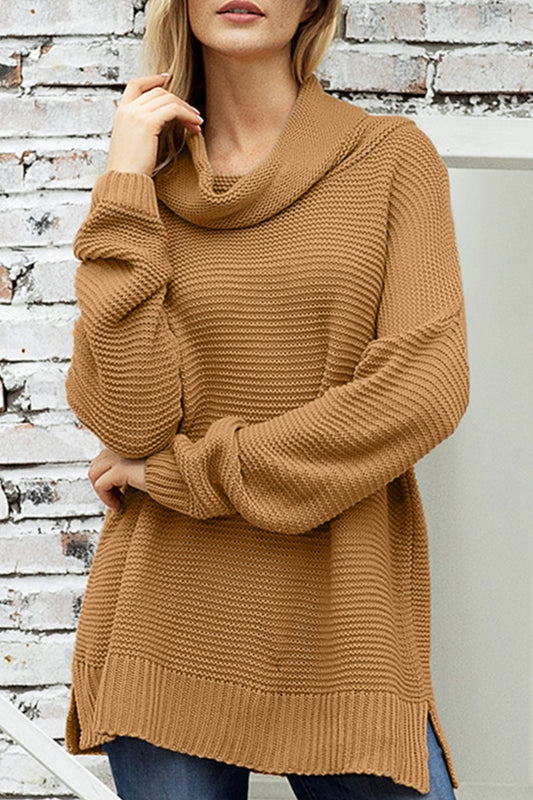 Blue Zone Planet | Side Slit Turtleneck Long Sleeve Sweater-TOPS / DRESSES-[Adult]-[Female]-Caramel-S-2022 Online Blue Zone Planet