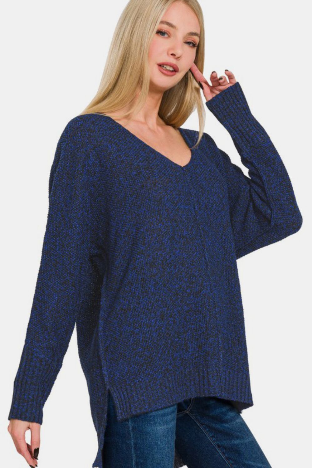 Zenana High-Low Center Seam V-Neck Sweater-TOPS / DRESSES-[Adult]-[Female]-2022 Online Blue Zone Planet