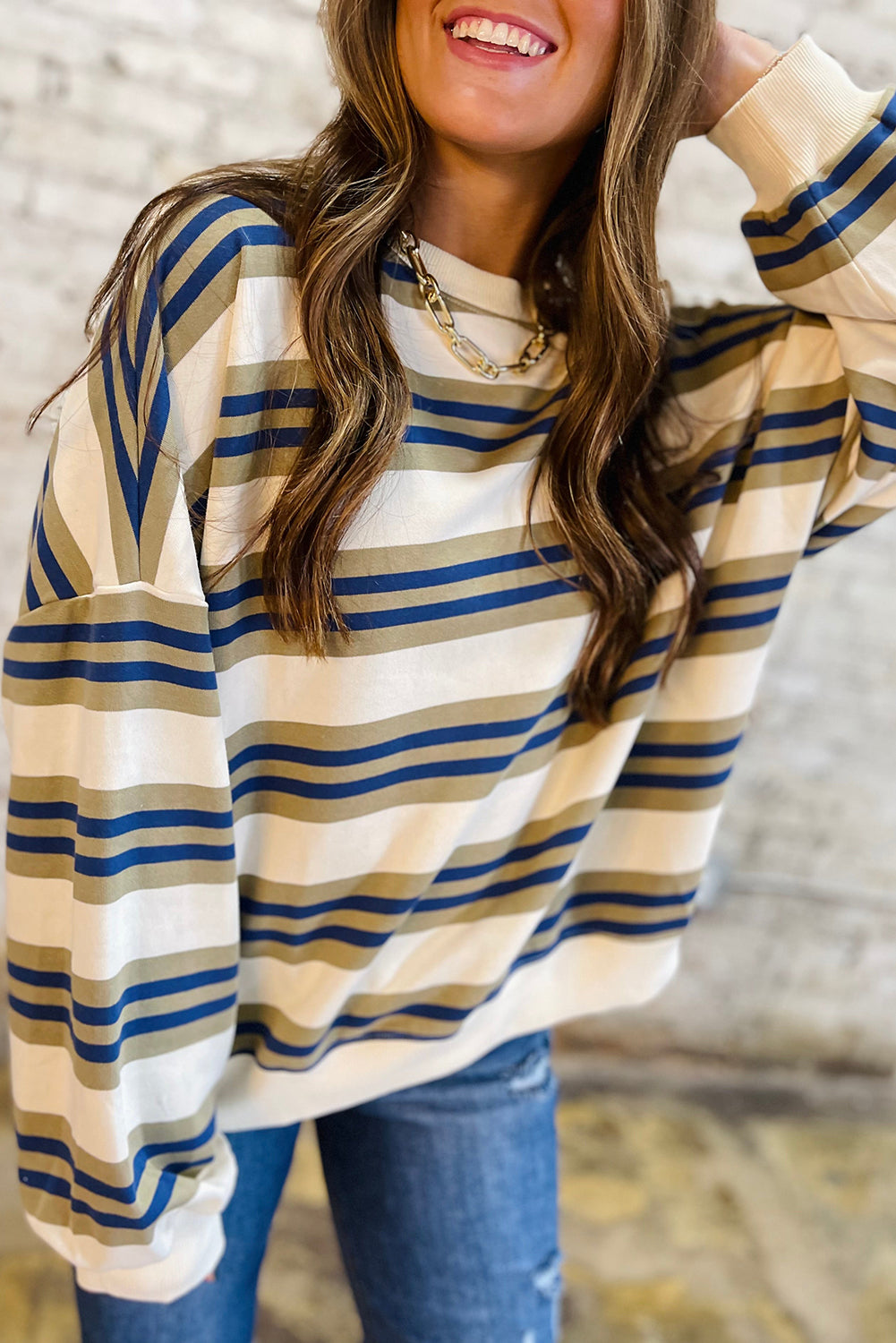 Khaki Stripe Crew Neck Drop Shoulder Pullover Sweatshirt-Tops/Sweatshirts & Hoodies-[Adult]-[Female]-Khaki Stripe-S-2022 Online Blue Zone Planet