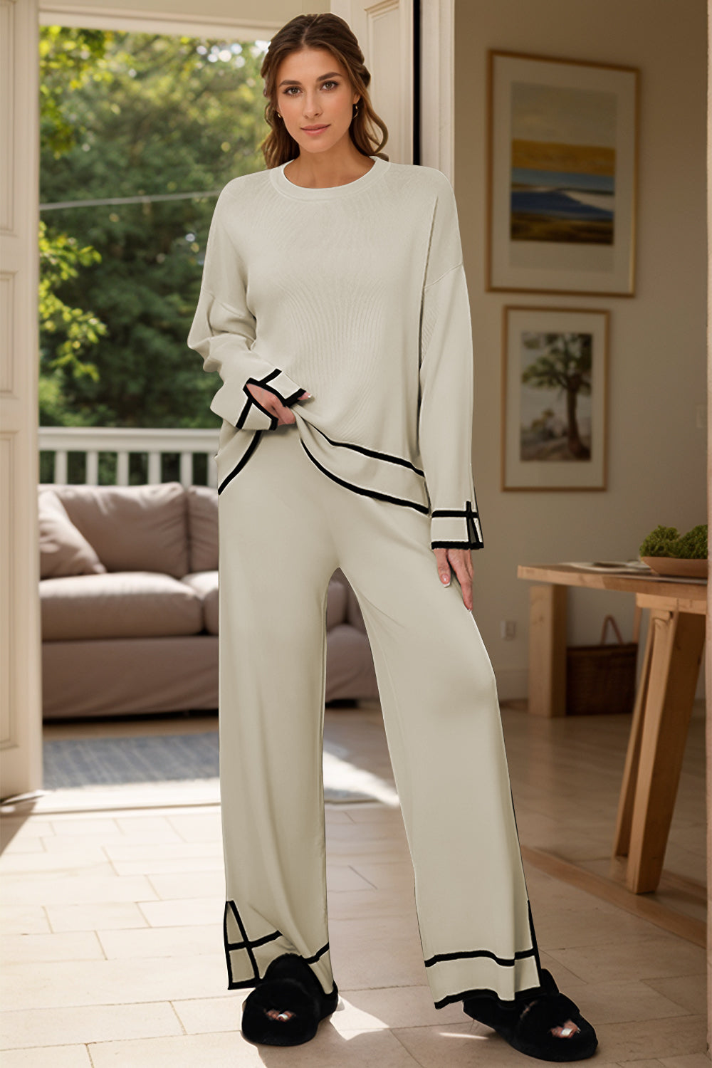 Blue Zone Planet | High-Low Round Neck Top and Pants Sweater Set-TOPS / DRESSES-[Adult]-[Female]-Cream-One Size-2022 Online Blue Zone Planet