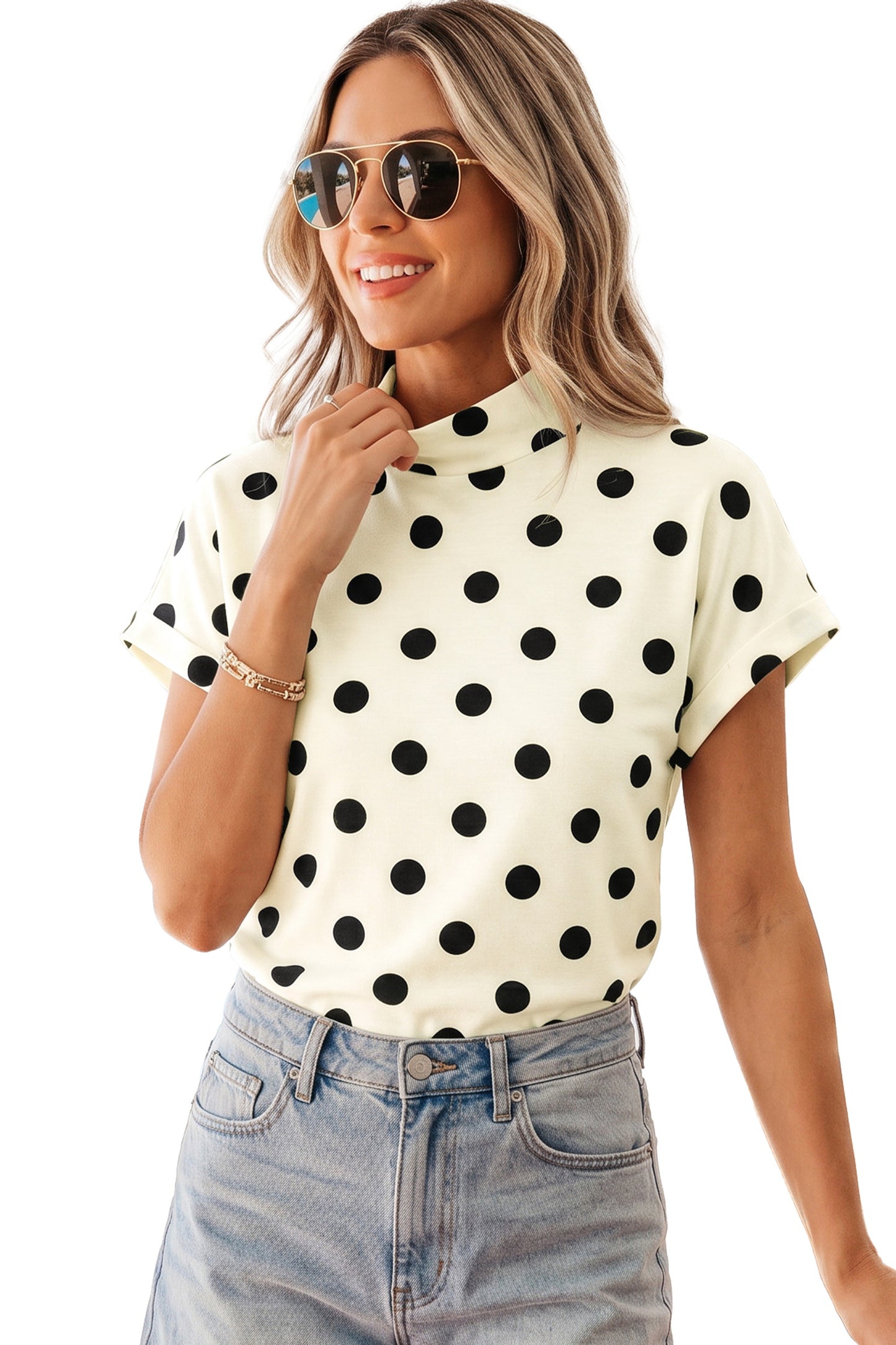 Beige Polka Dot Print High Neck Dolman Top-Tops/Tops & Tees-[Adult]-[Female]-2022 Online Blue Zone Planet
