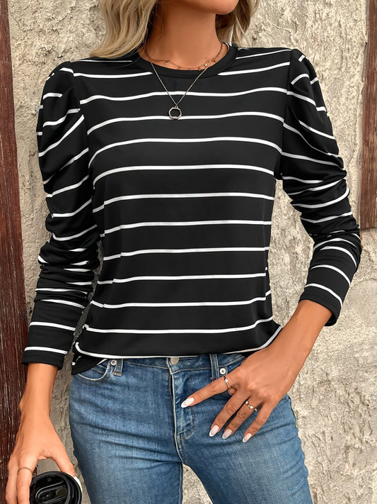 Blue Zone Planet | Full Size Striped Round Neck Puff Sleeve T-Shirt-TOPS / DRESSES-[Adult]-[Female]-Black-S-2022 Online Blue Zone Planet