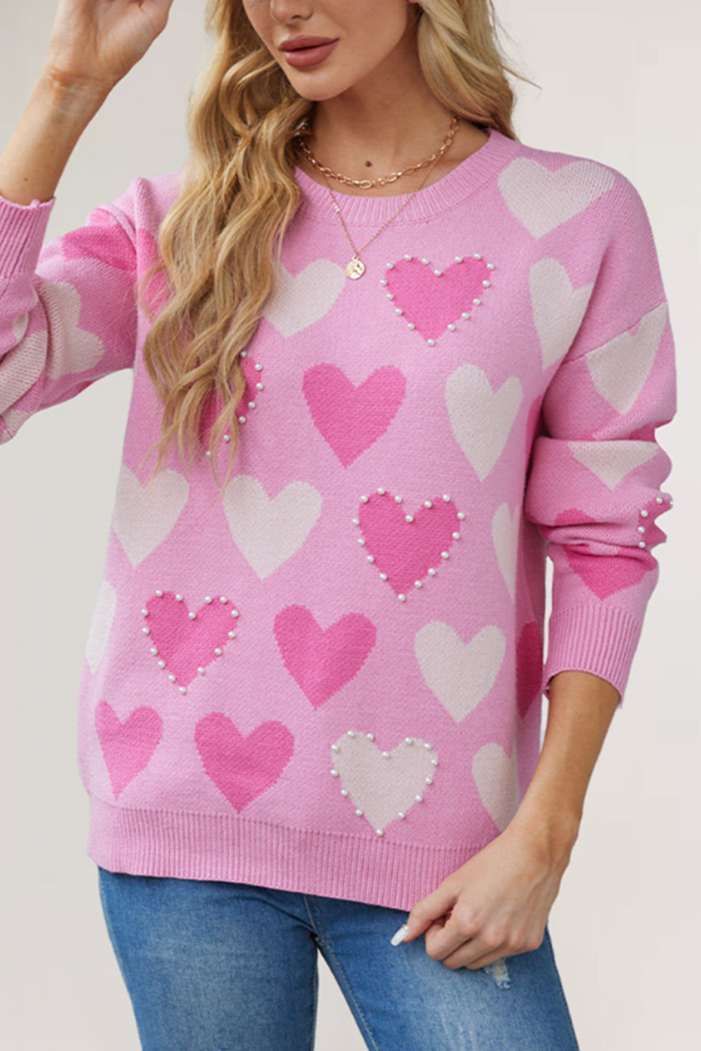 Pink Pearl Heart Graphic Round Neck Sweater-Sweaters-[Adult]-[Female]-2022 Online Blue Zone Planet