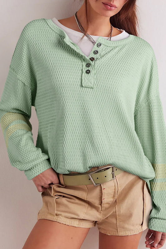 Meadow Mist Green Textured Knit Drop Shoulder Color Block Detail Long Sleeve Henley Top-Tops/Long Sleeve Tops-[Adult]-[Female]-Meadow Mist Green-S-2022 Online Blue Zone Planet