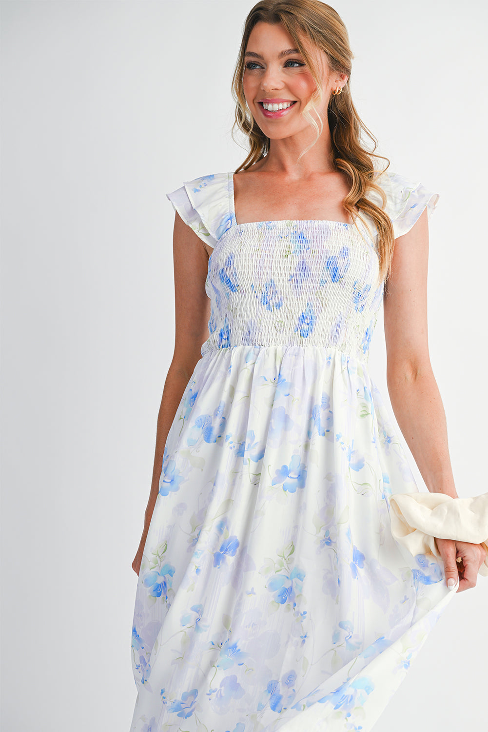Sky Blue Floral Smocked High Waist Ruffle Sleeveless Long Dress-TOPS / DRESSES-[Adult]-[Female]-2022 Online Blue Zone Planet