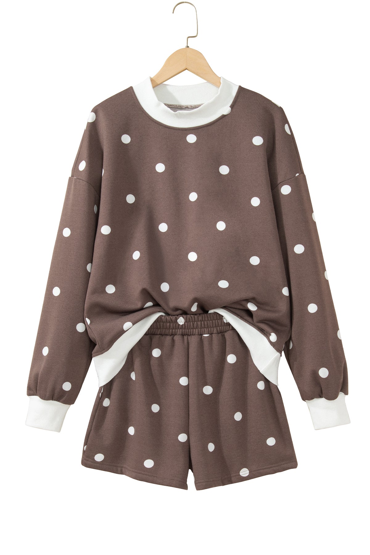 Brown Polka Dot Ribbed Trim Long Sleeve Top Casual Short Set-Two Piece Sets/Short Sets-[Adult]-[Female]-2022 Online Blue Zone Planet