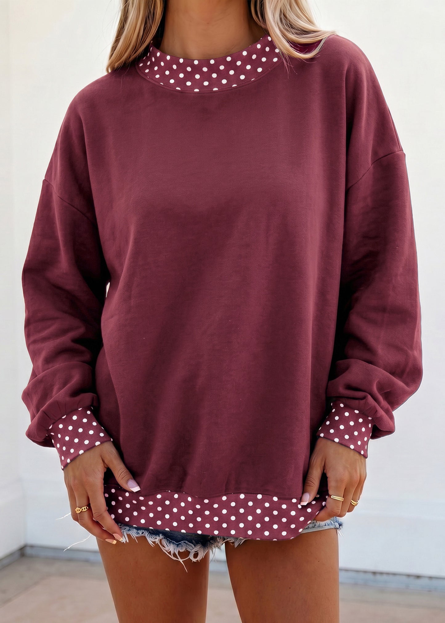 Dirty blue Colorblock Polka Dot Contrast Trim Oversized Sweatshirt-Tops/Sweatshirts & Hoodies-[Adult]-[Female]-Burgundy-S-2022 Online Blue Zone Planet