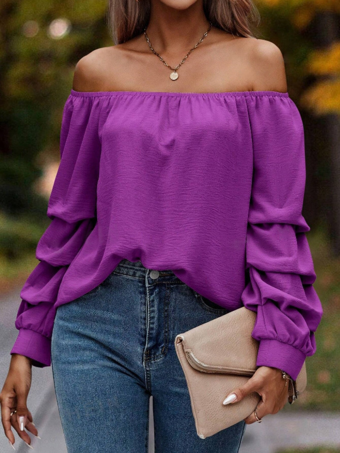 Ruched Off-Shoulder Long Sleeve Blouse-TOPS / DRESSES-[Adult]-[Female]-Vivid Violet-S-2022 Online Blue Zone Planet