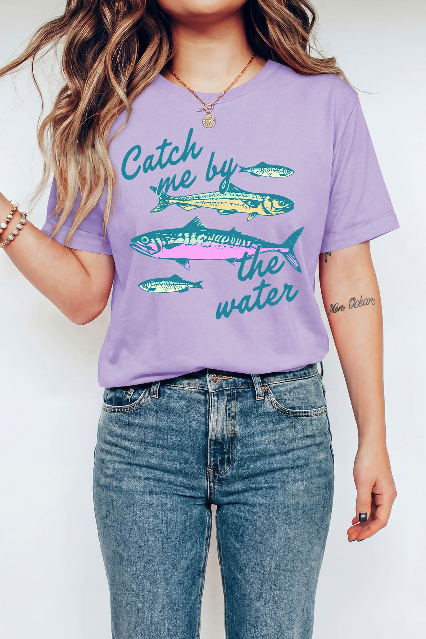 Orchid Petal Catch Me By The Water Fishes Printed T Shirt