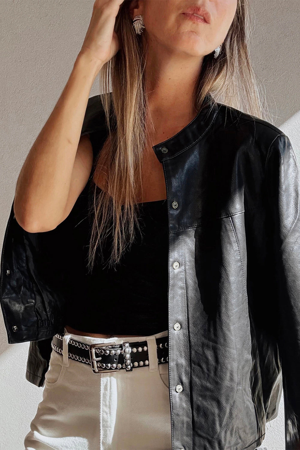 Black Faux Leather Buttoned Front Boxy Jacket-Outerwear/Jackets-[Adult]-[Female]-2022 Online Blue Zone Planet