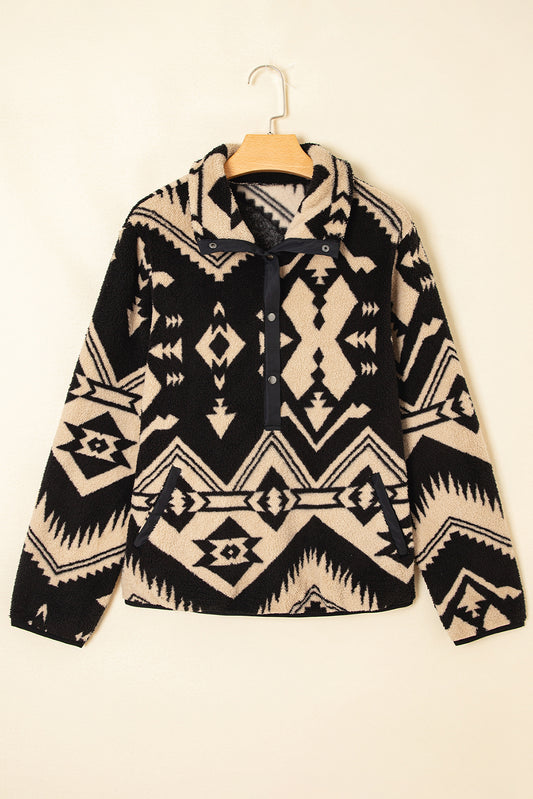 Black Western Aztec Half Zip Plush Sweatshirt-Tops/Sweatshirts & Hoodies-[Adult]-[Female]-2022 Online Blue Zone Planet