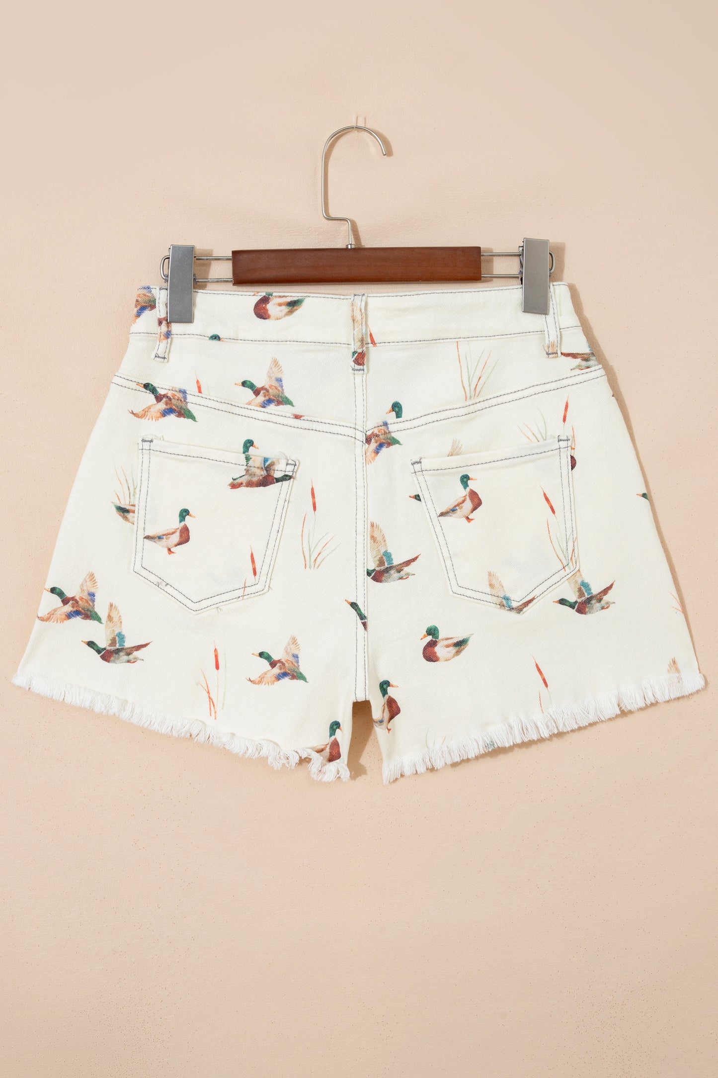 Beige Wild Duck Mallard High Waist Frayed Denim Shorts-Bottoms/Denim Shorts-[Adult]-[Female]-2022 Online Blue Zone Planet
