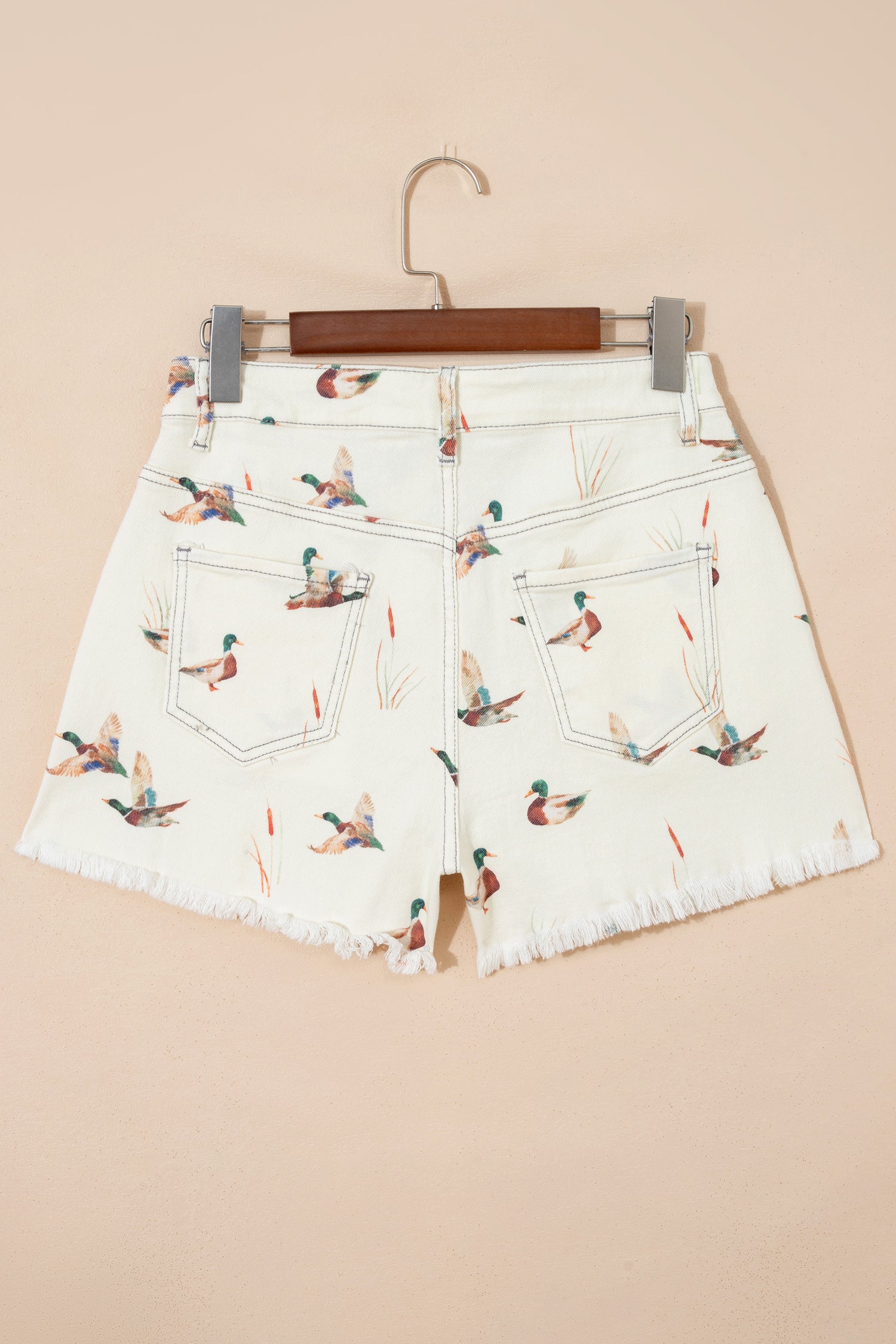 Beige Wild Duck Mallard High Waist Frayed Denim Shorts-Bottoms/Denim Shorts-[Adult]-[Female]-2022 Online Blue Zone Planet