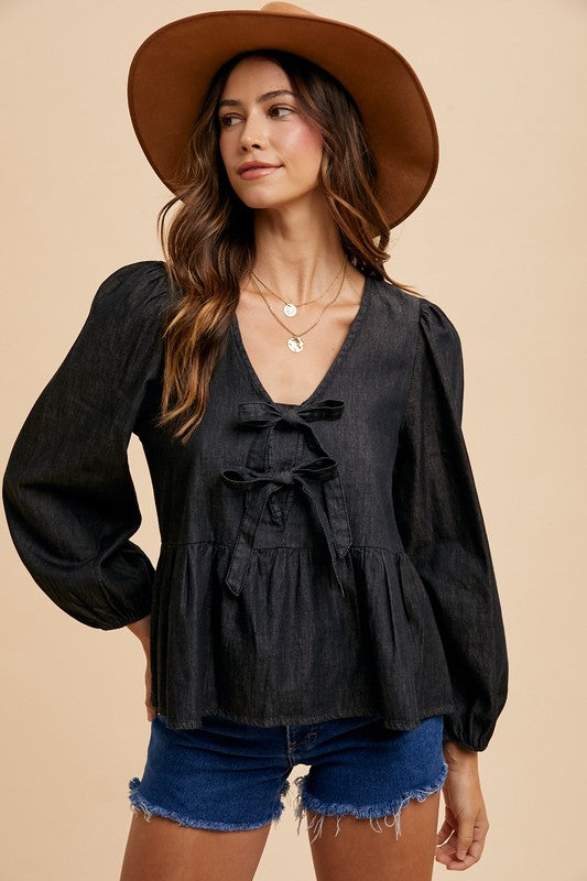 Annie Wear Tie Front Peplum Long Sleeve Denim Top-TOPS / DRESSES-[Adult]-[Female]-2022 Online Blue Zone Planet