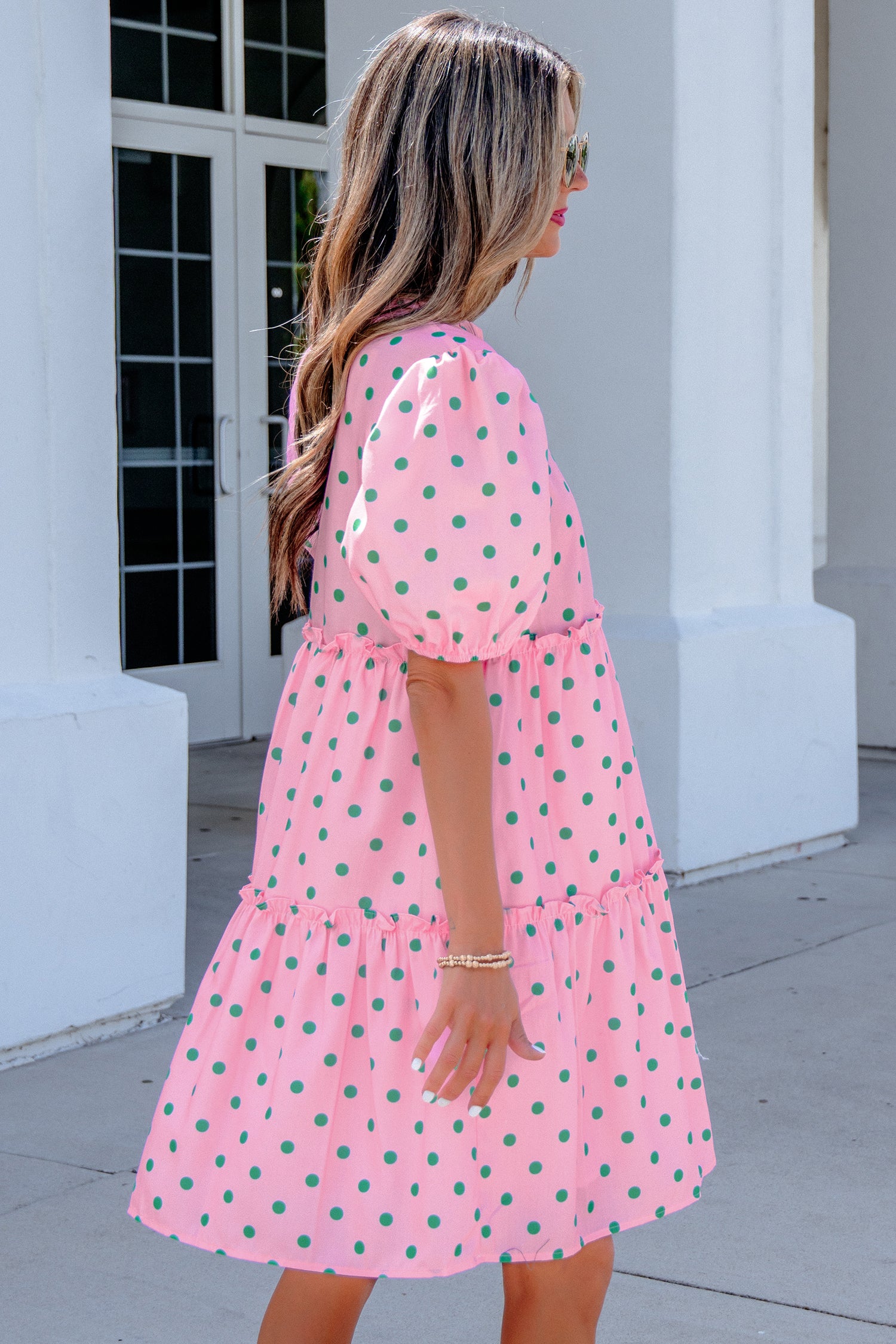 Pink Polka Dot Print V Neck Short Sleeve Tiered Mini Dress-TOPS / DRESSES-[Adult]-[Female]-2022 Online Blue Zone Planet