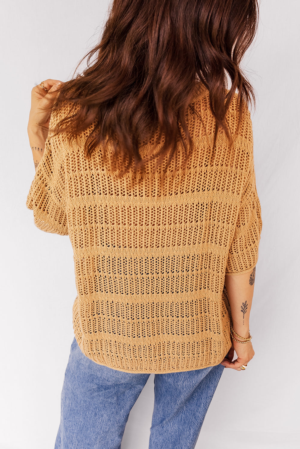 Mustard Hollow out Openwork Knit 3/4 Sleeve Sweater-TOPS / DRESSES-[Adult]-[Female]-2022 Online Blue Zone Planet