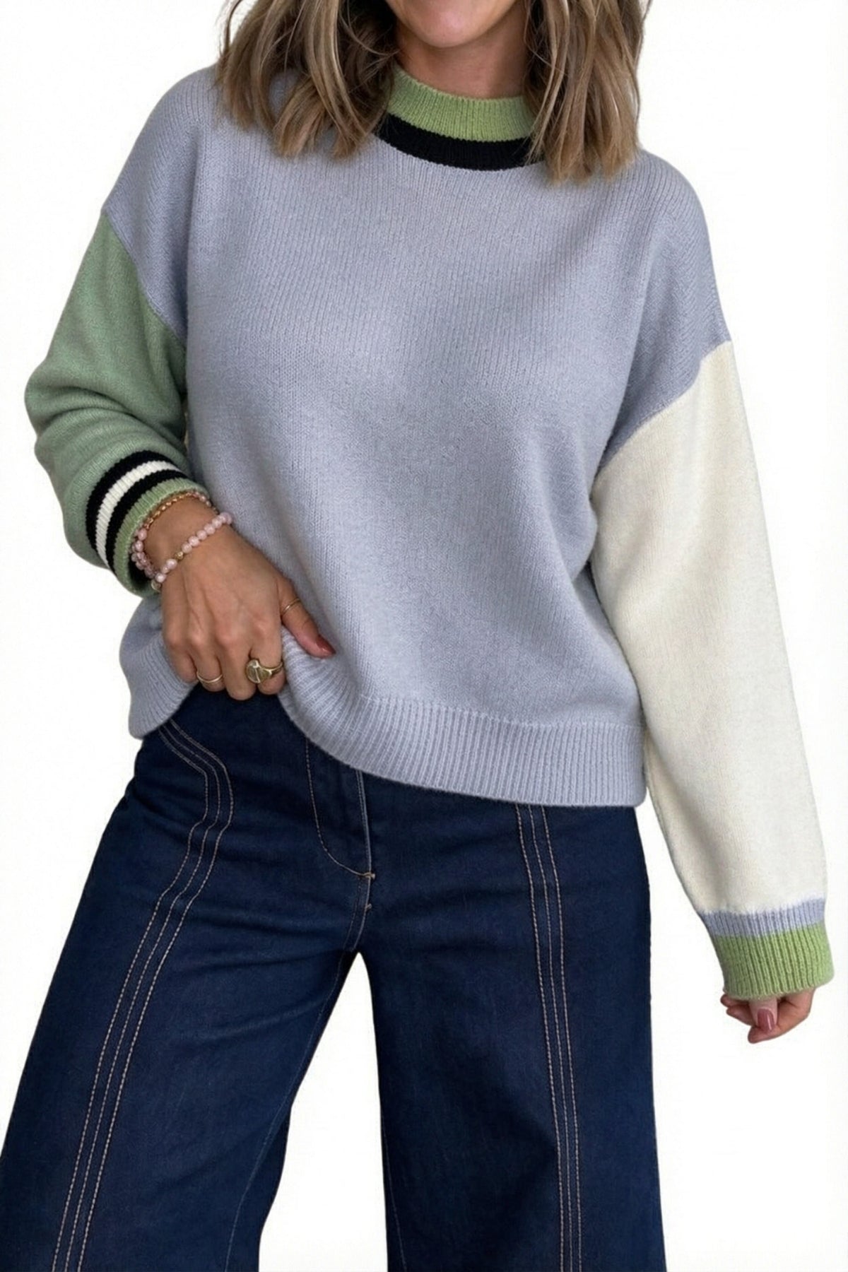 Multicolour Color Block Mock Neck Loose Pullover Sweater-TOPS / DRESSES-[Adult]-[Female]-2022 Online Blue Zone Planet