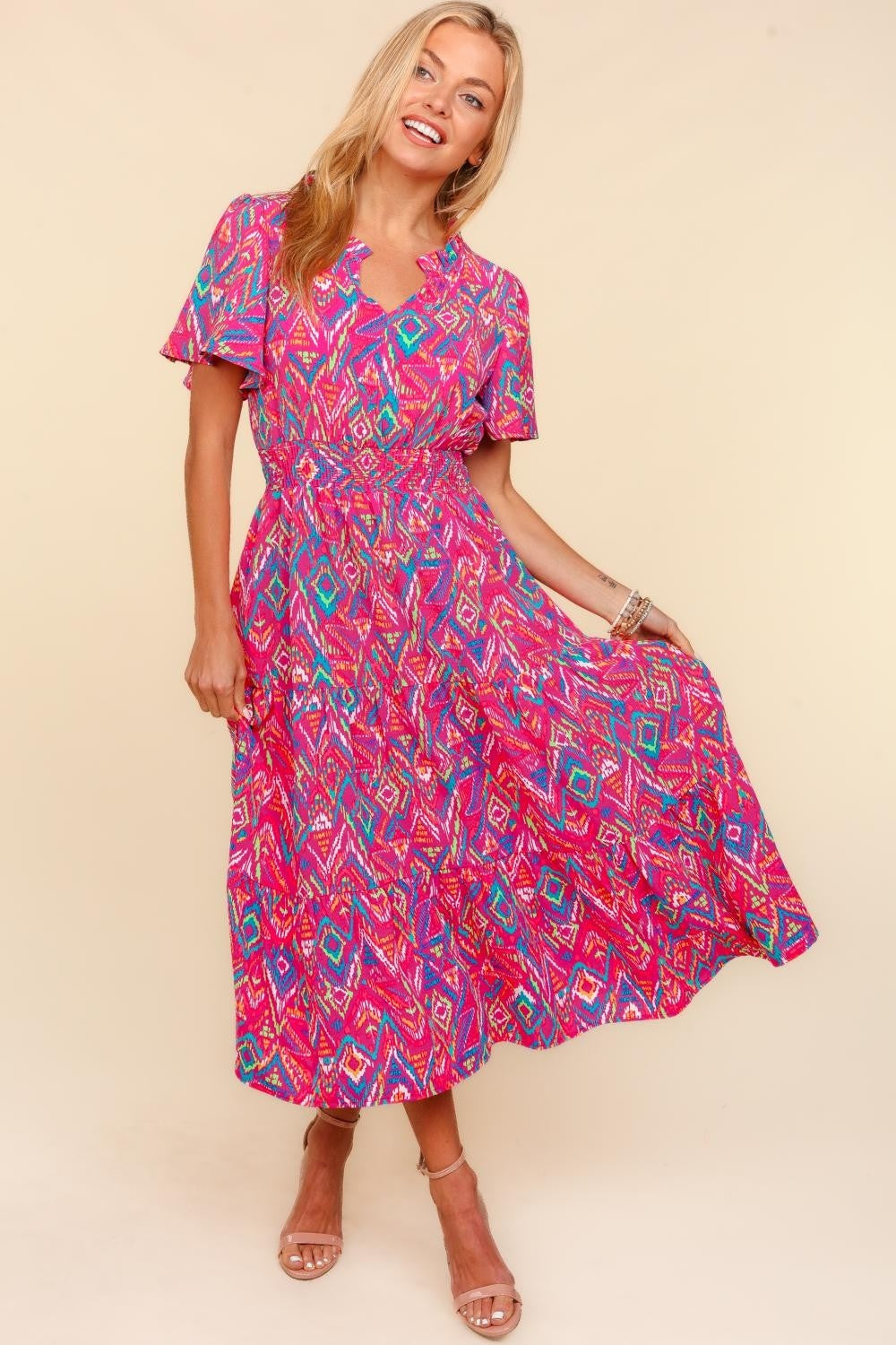 Haptics Abstract Print Smocked Waist Dress with Pockets-TOPS / DRESSES-[Adult]-[Female]-2022 Online Blue Zone Planet