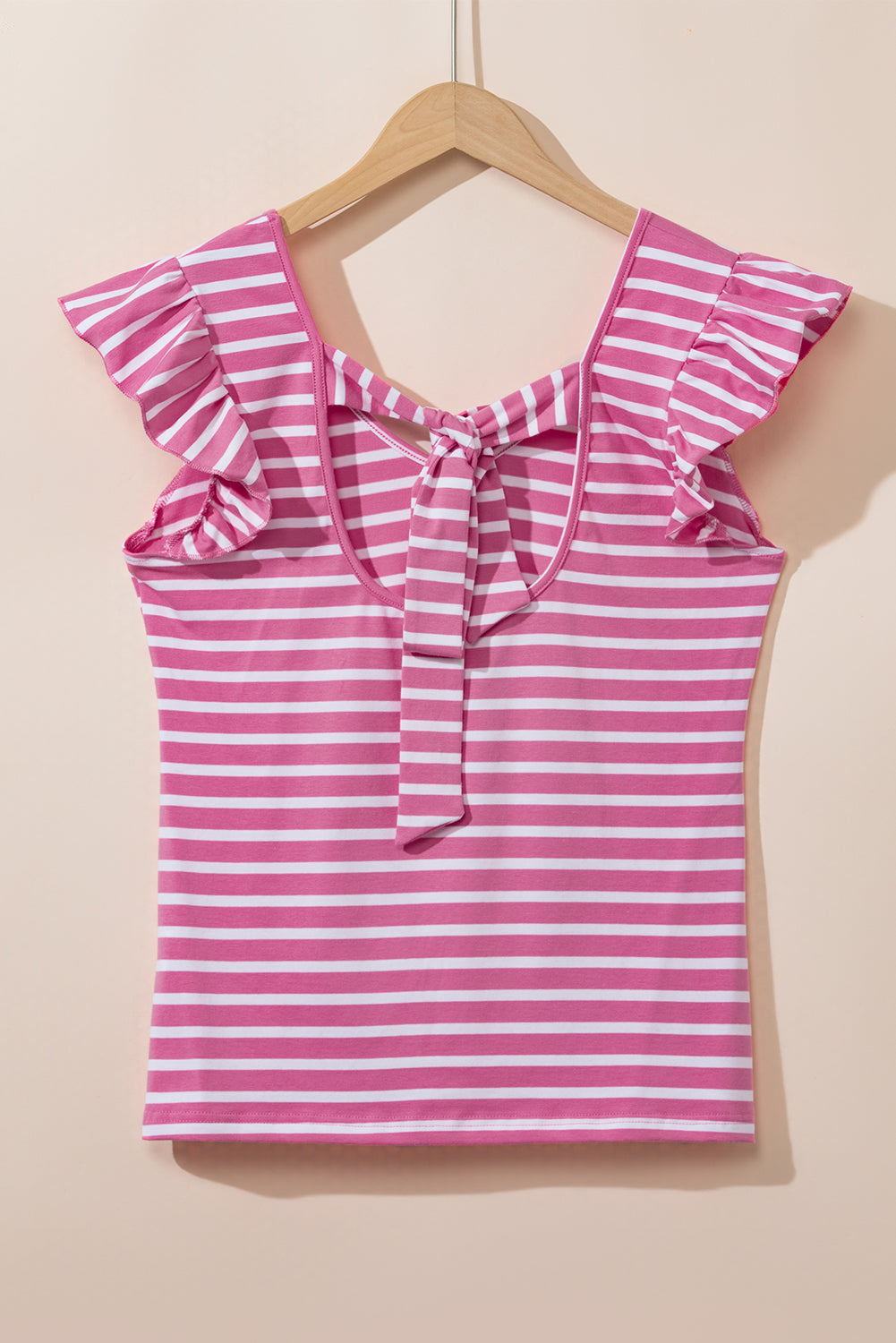 Pink Stripe Butterfly Sleeve V Neck Hollowed Knot Back T Shirt-Tops/Tops & Tees-[Adult]-[Female]-2022 Online Blue Zone Planet