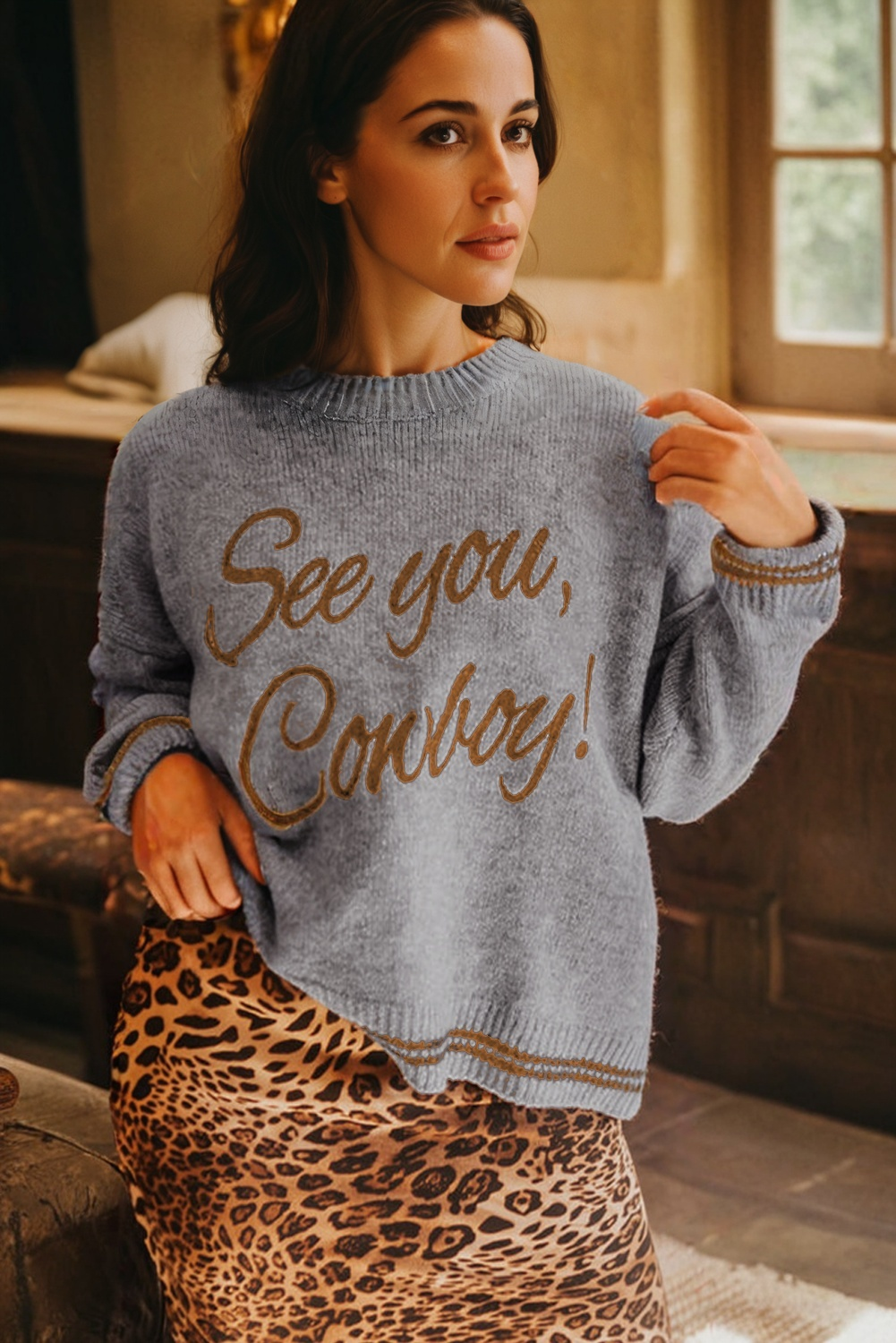 Light Grey See You Cowboy Embroidered Western Graphic Sweater-TOPS / DRESSES-[Adult]-[Female]-2022 Online Blue Zone Planet